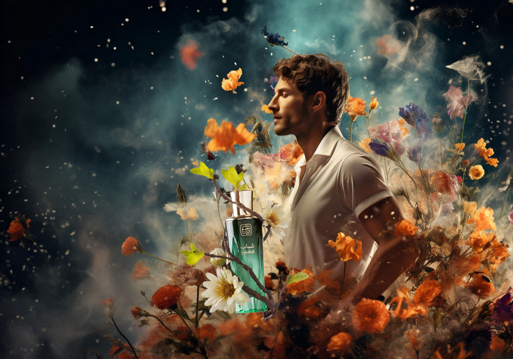 Naseem perfumes, shabab, shabab naseem perfume, men model for perfume, flowers, perfume photography.