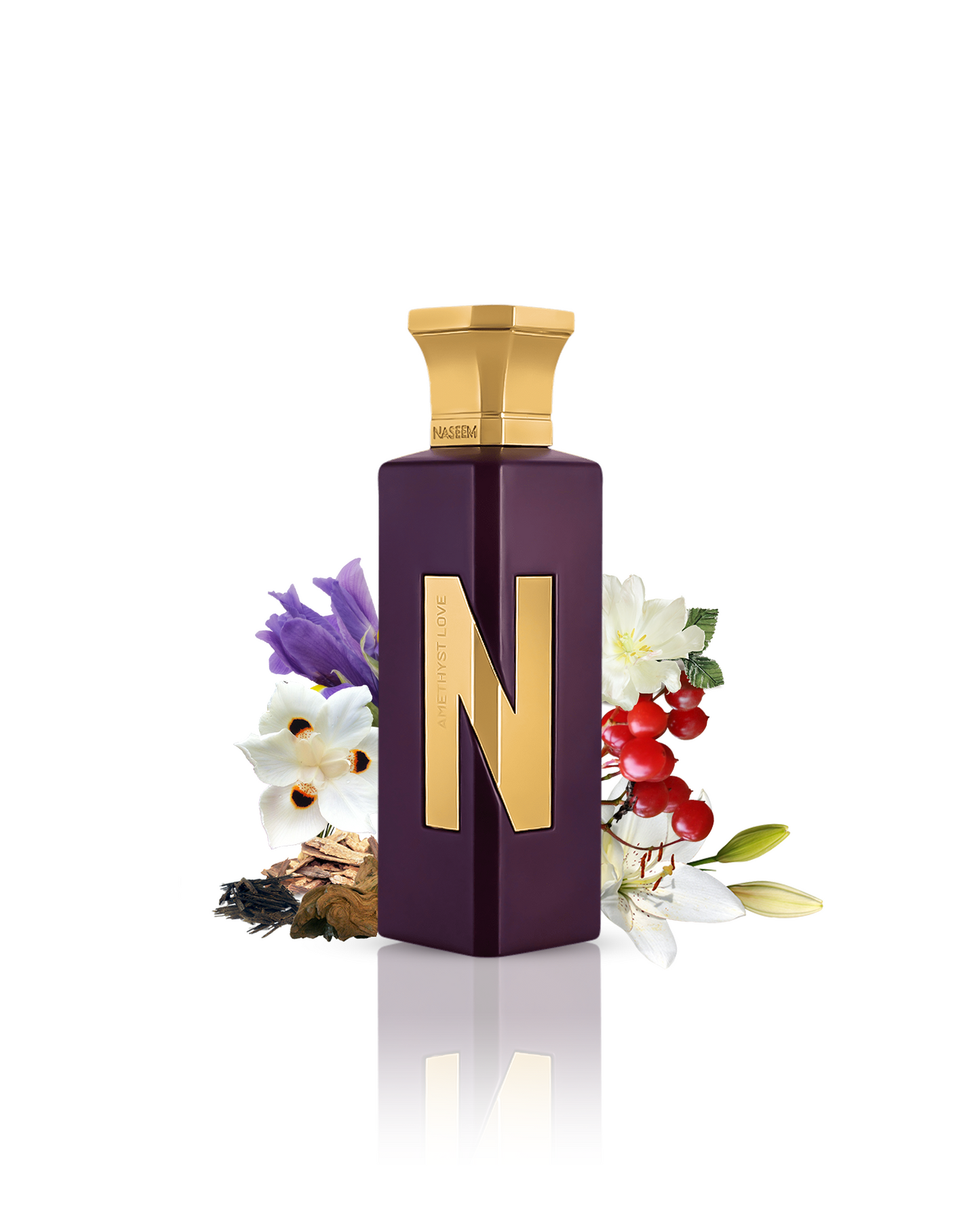 AMETHYST LOVE perfume bottle adorned with the letter N, encircled by assorted fruits and flowers.