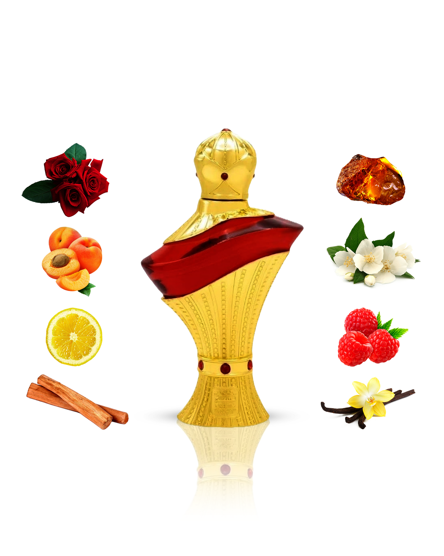 Afaf perfume bottle showcased amidst its rich, luxurious ingredients such as Jasmine, Musk, Vanilla, and Amber.