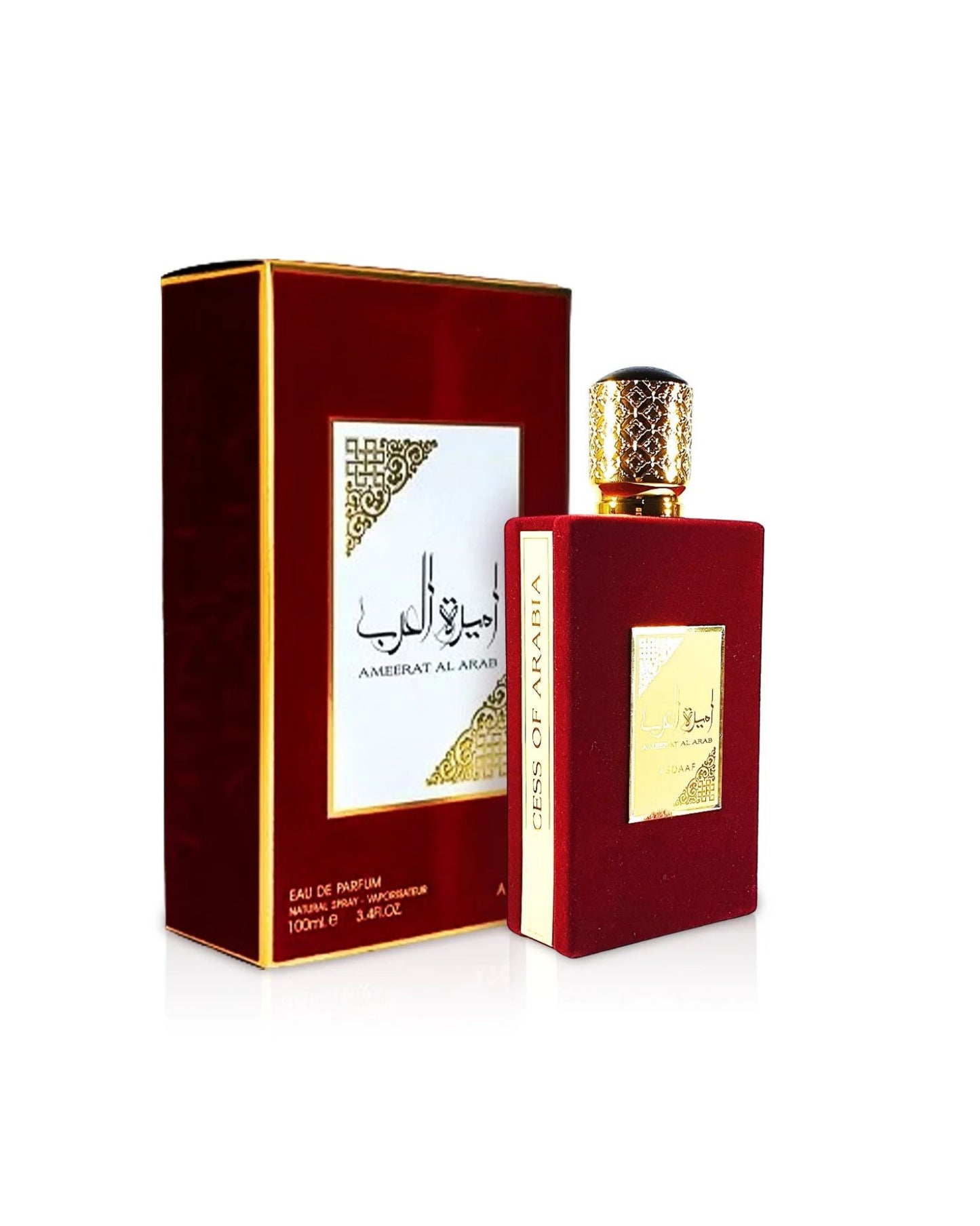 A set of the Ameerat Al Arab Edp fragrance, showing the red velvet perfume bottle next to its metallic red and gold presentation box. The box and the bottle both feature the name in Arabic script and Roman letters (Ameerat Al Arab, Cess of Arabia) and indicate it is a 100ml Eau de Parfum.