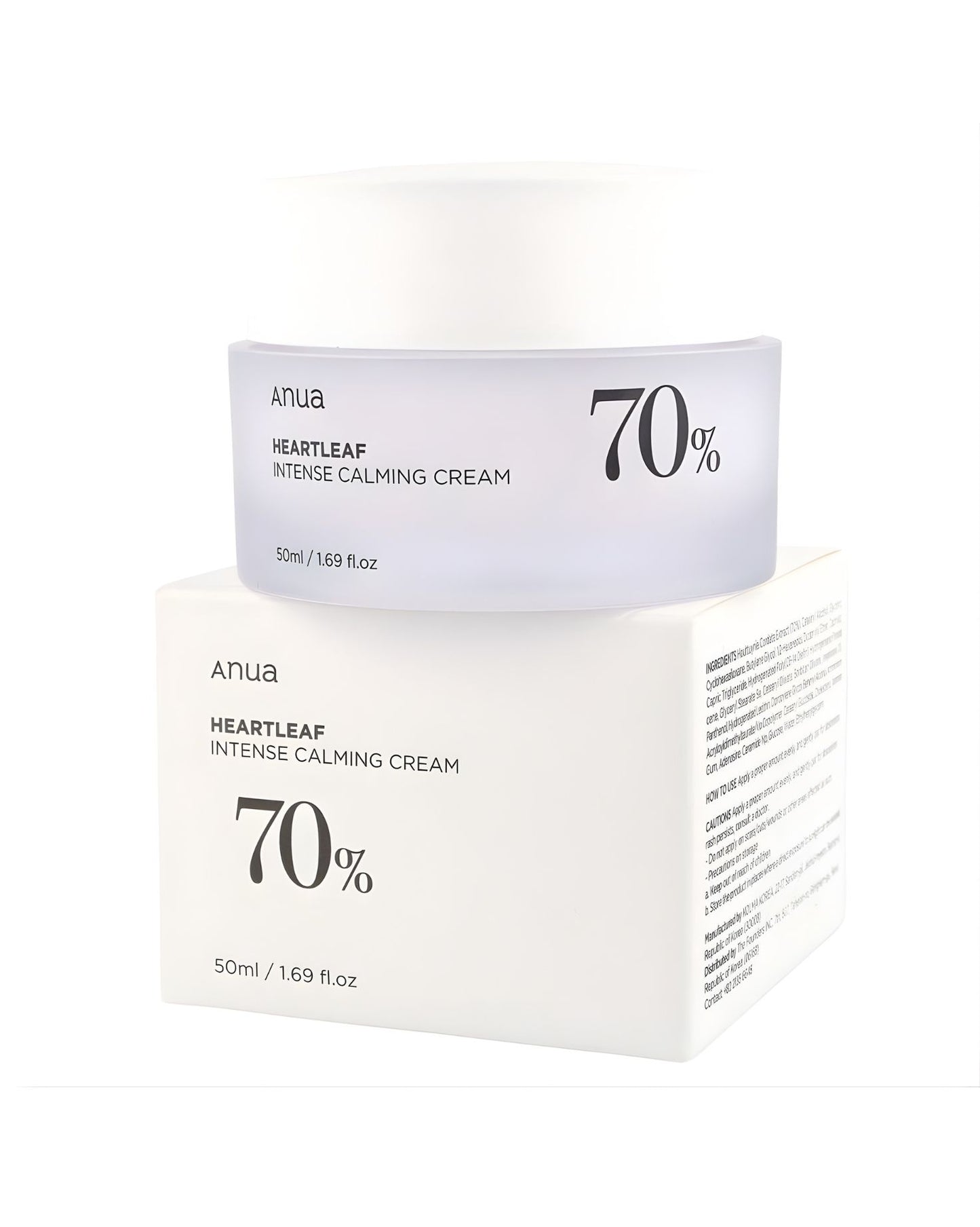 The Anua Heartleaf 70 Intense Calming Cream jar resting on its product box, with the ingredients list and cautions visible on the side of the box.
