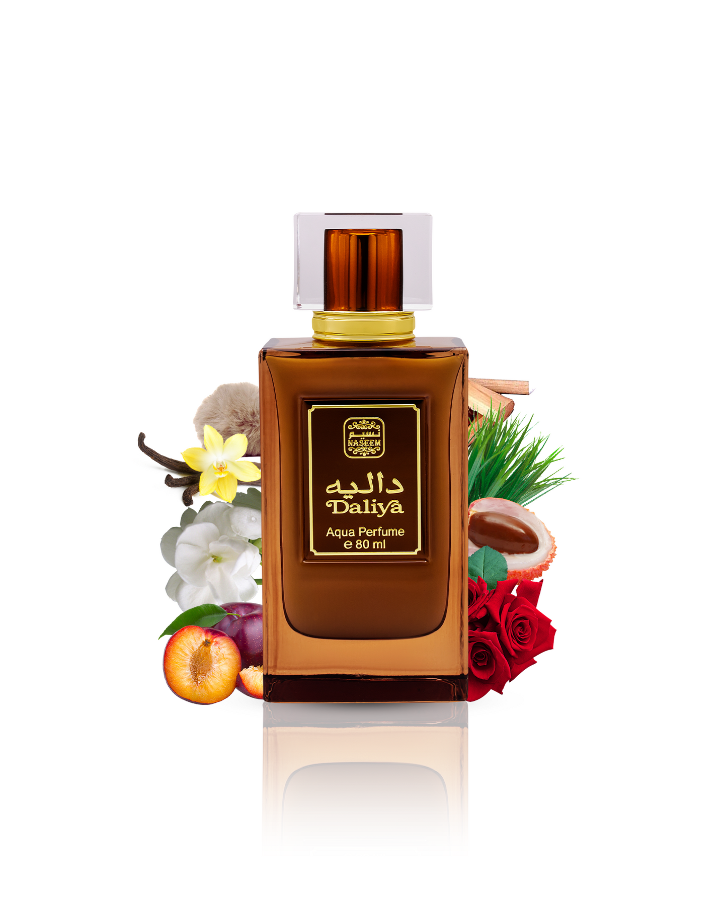 Daliya perfume bottle encircled by White Musk, Vanilla, and a variety of fruits.