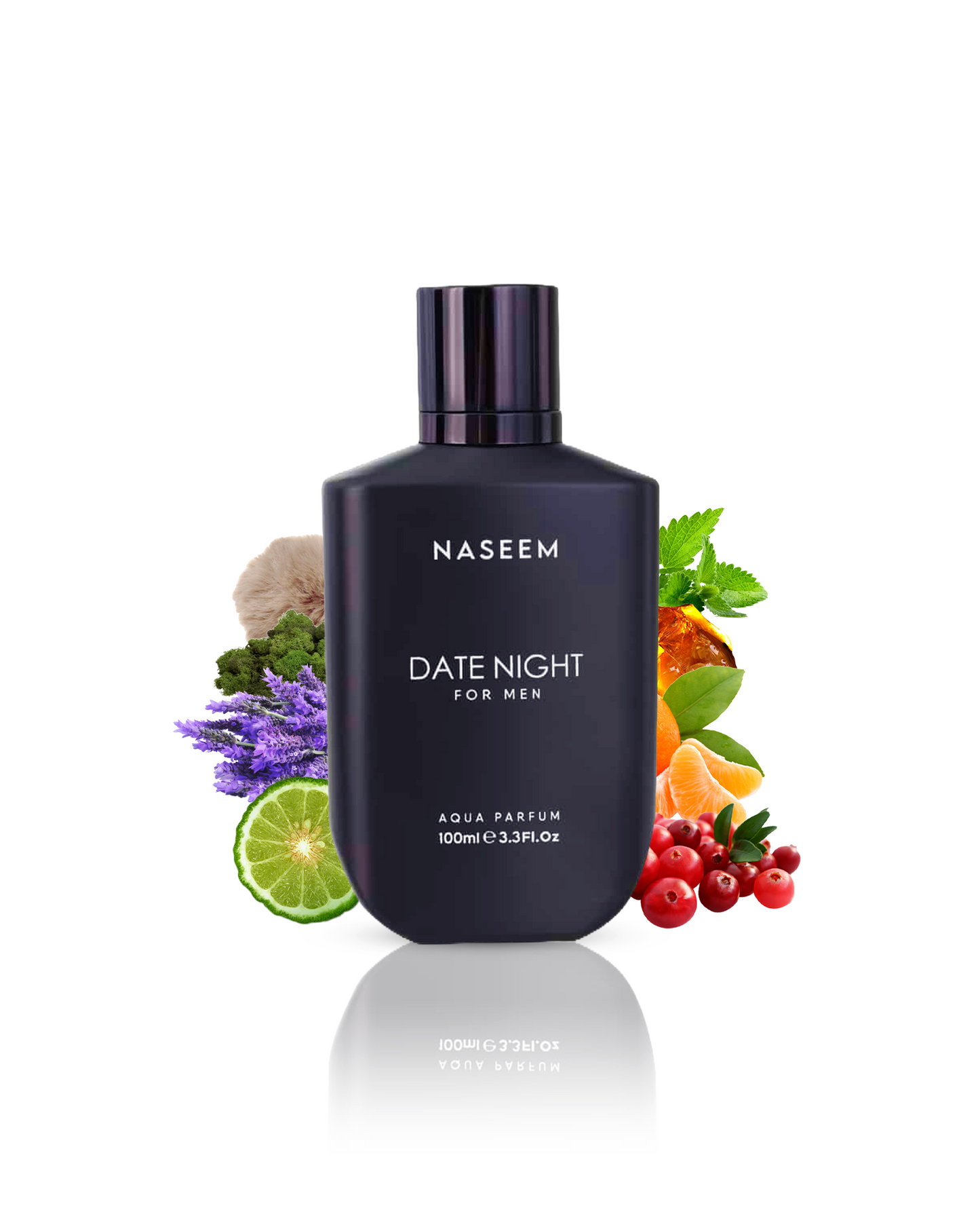 Date Night for Men perfume bottle showcased amidst the harmonious blend of Musk, Citrus, Amber, and Lavender ingredients.