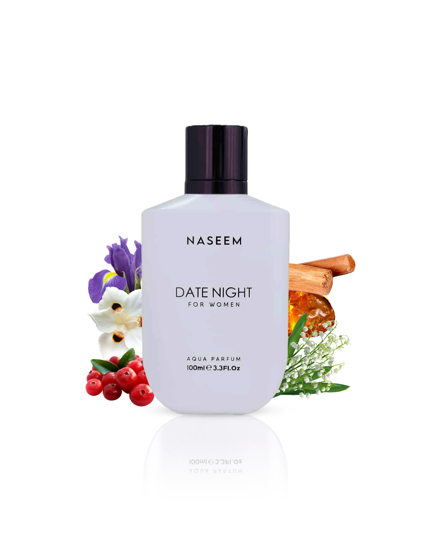 Date Night for Women perfume bottle elegantly displayed, encapsulating the essence of Orris, Musk, and Amber ingredients.