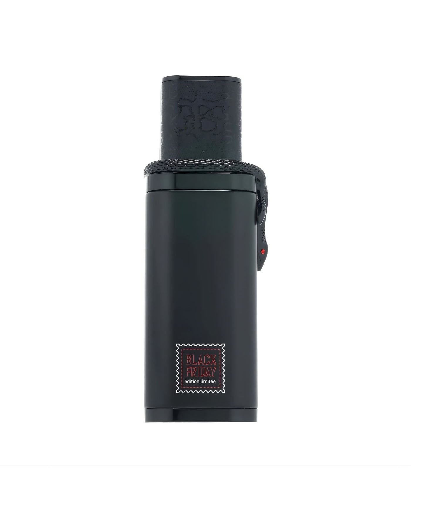 Black perfume bottle with snake detail and "Black Friday limited edition" stamp.