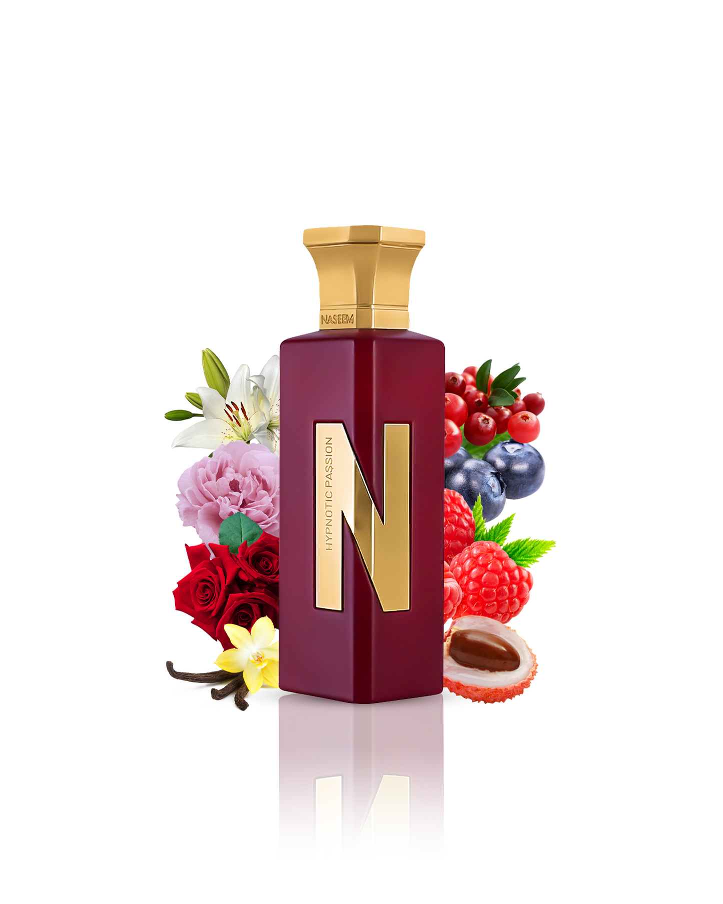 HYPNOTIC PASSION perfume bottle featuring the letter N, surrounded by a medley of fruits and flowers, by Naseem Perfume.