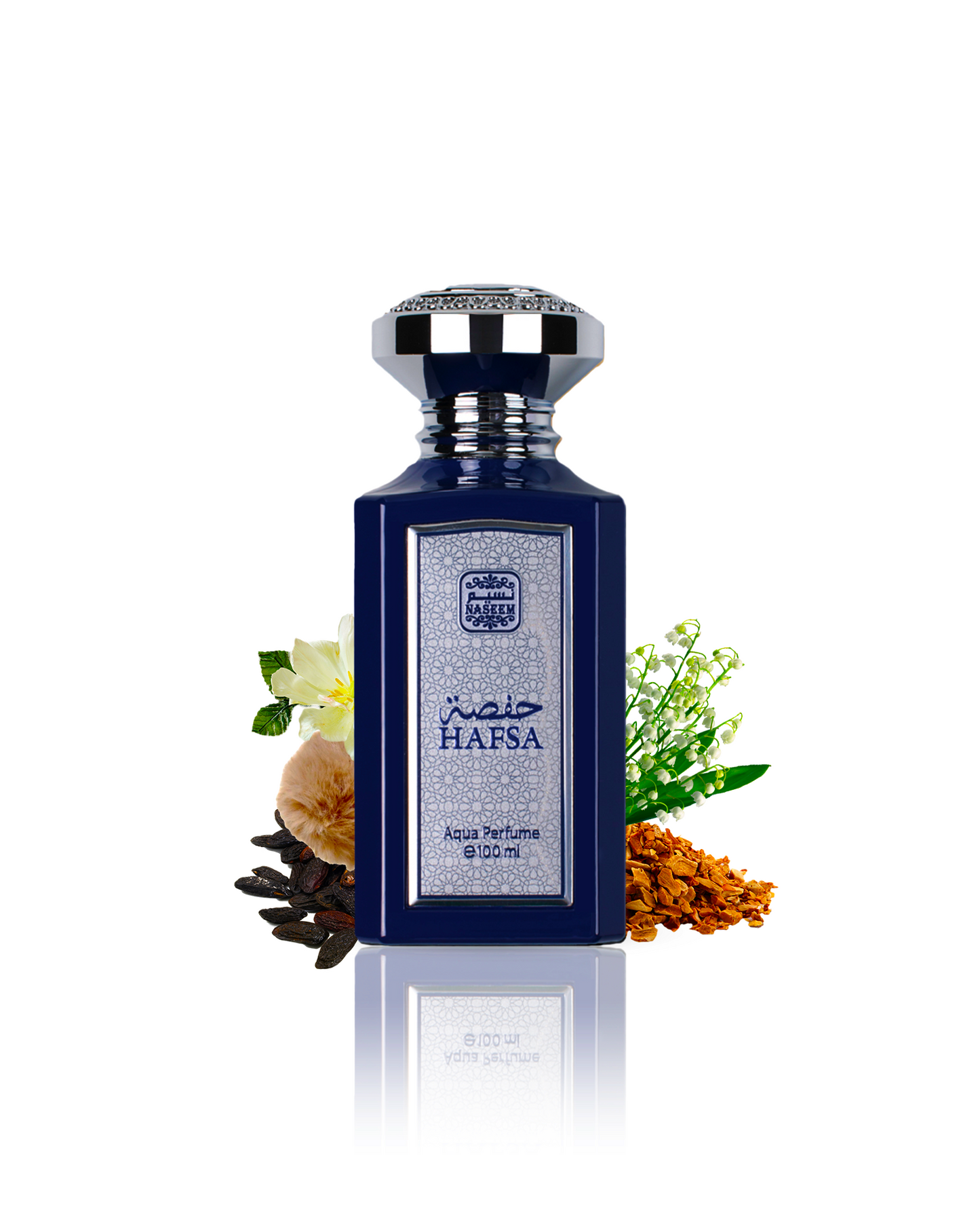 Hafsa perfume bottle encircled by Lily of the Valley, Tonka Bean, and White Musk.