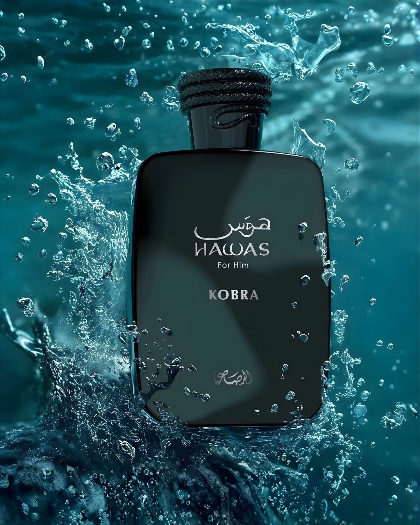 A dynamic, dramatic photograph of the glossy black Rasasi Hawas For Him Kobra Edp cologne bottle submerged in deep blue water with large splashes and bubbles flying up around it.