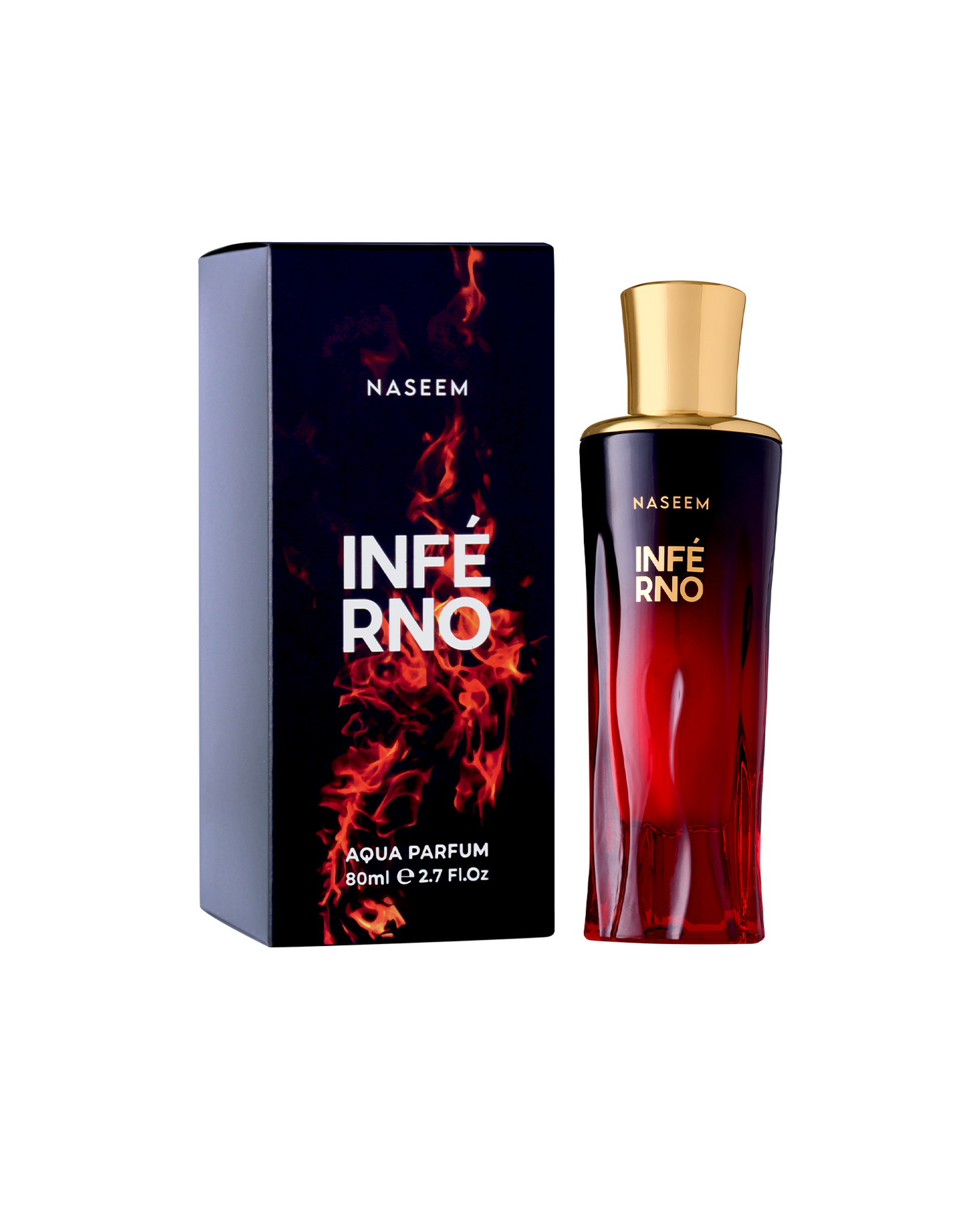 Inferno perfume bottle along with its box set against a white background.