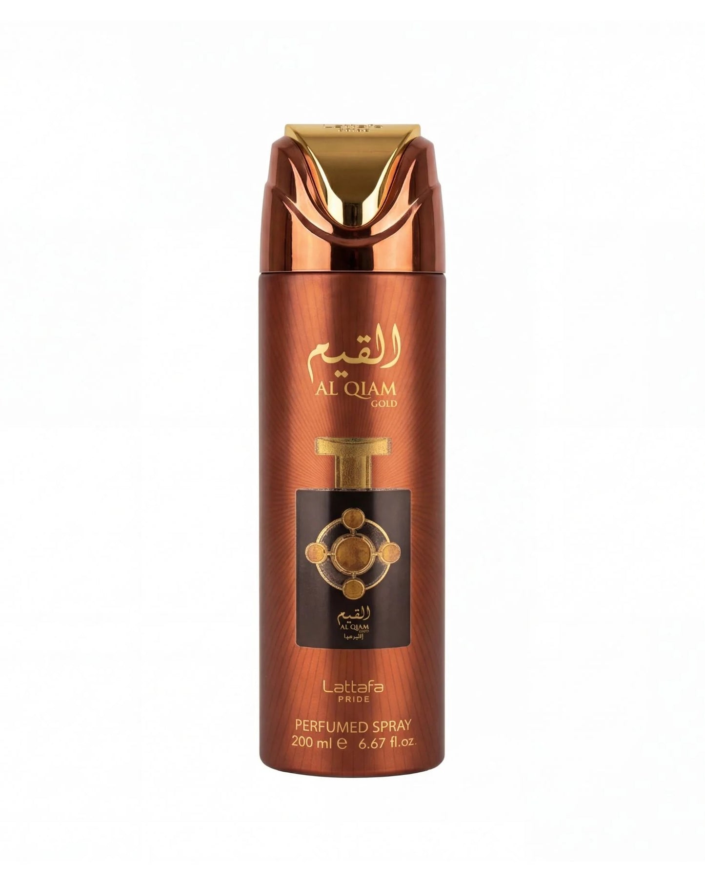 lattafa al qiam gold body spry deo dorante spry bottle with white backgraound 200ml.