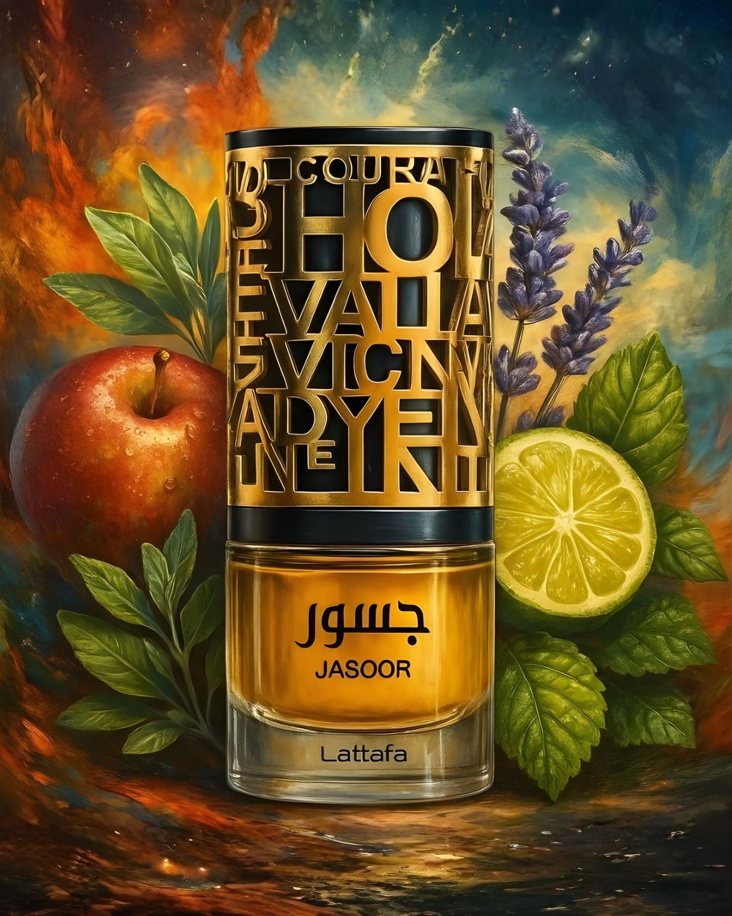 Lattafa Jasoor perfume bottle and its black and gold box with 'BOLD' and 'BRAVE' text.