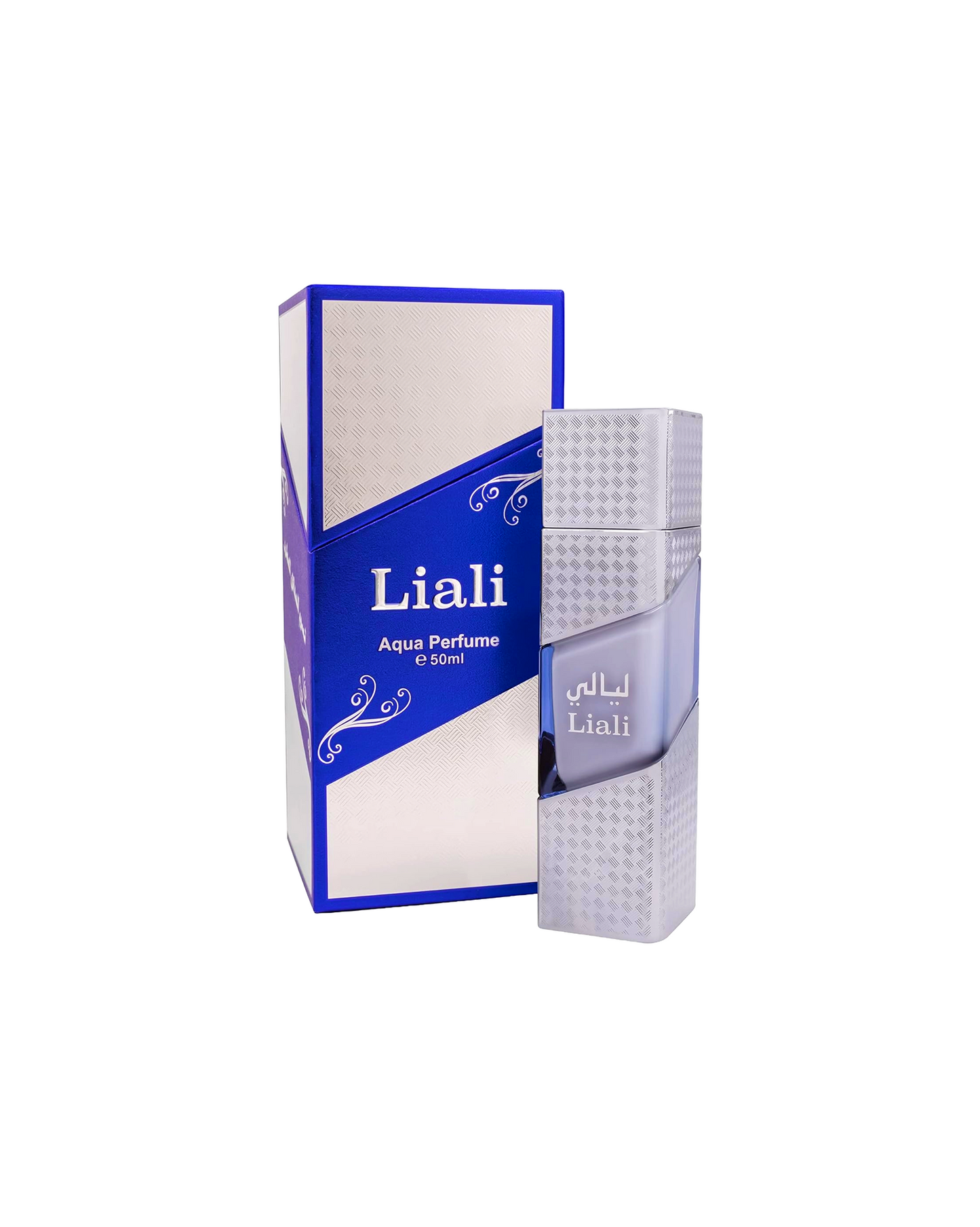 Liali perfume bottle along with its box set against a white background.