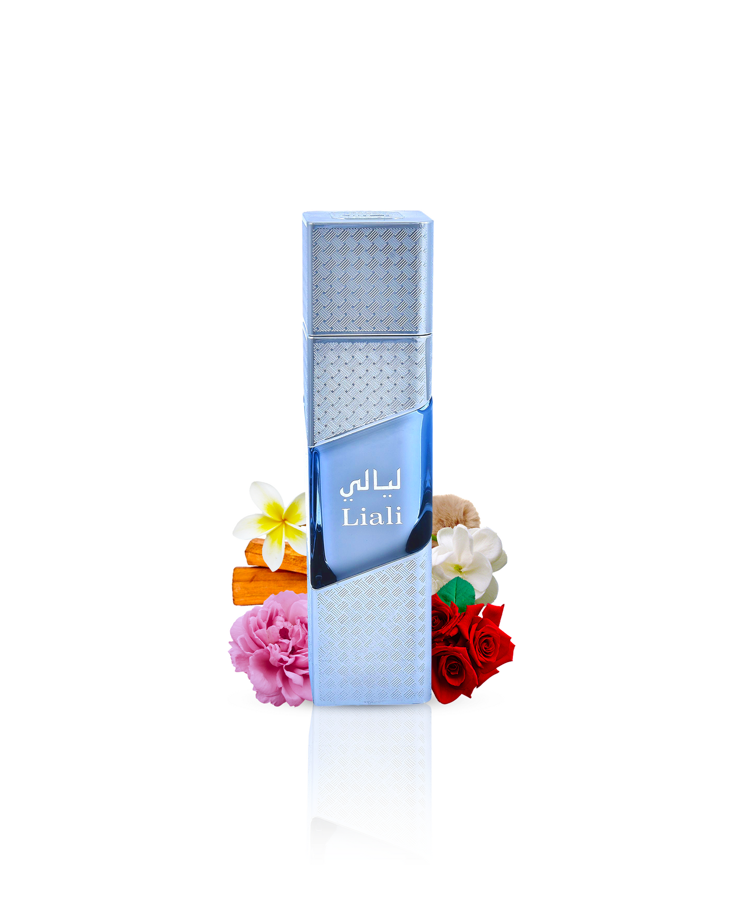 Liali perfume bottle beautifully showcased amid key notes of rose, sandalwood, and jasmine.
