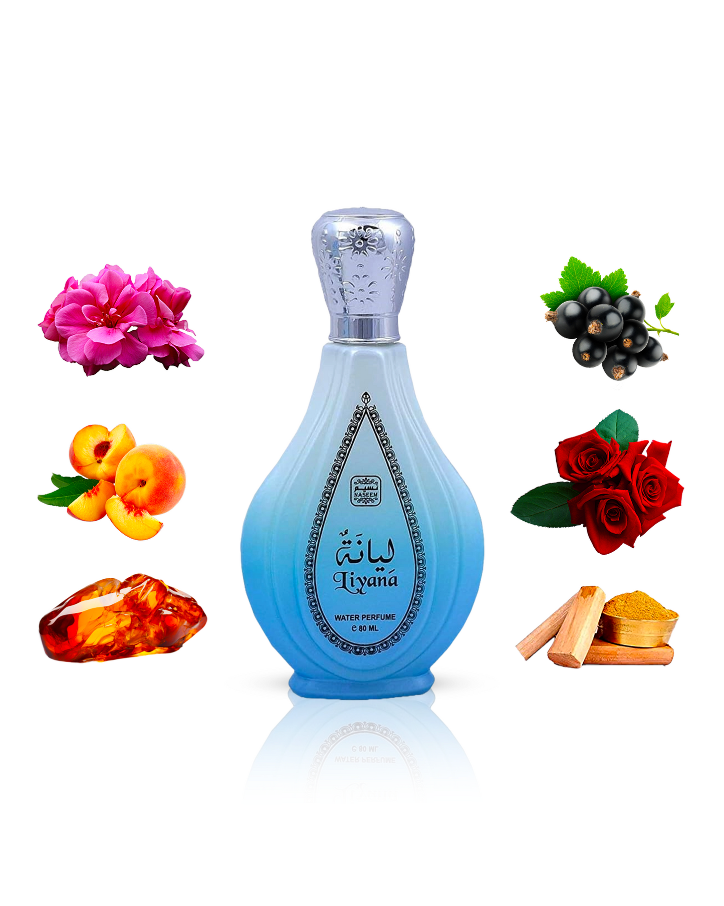 Liyana perfume bottle elegantly displayed amidst its key ingredients of Rose, Amber, and Peach, encapsulating its essence.