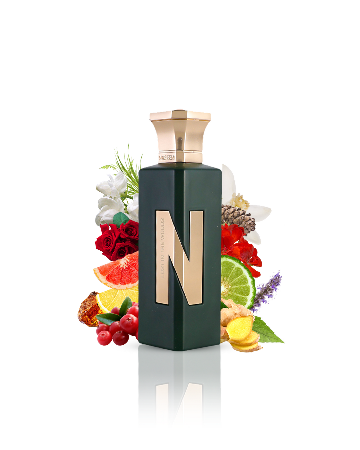 Lost in the Woods perfume bottle featuring the letter N, encircled by a variety of fruits and flowers.