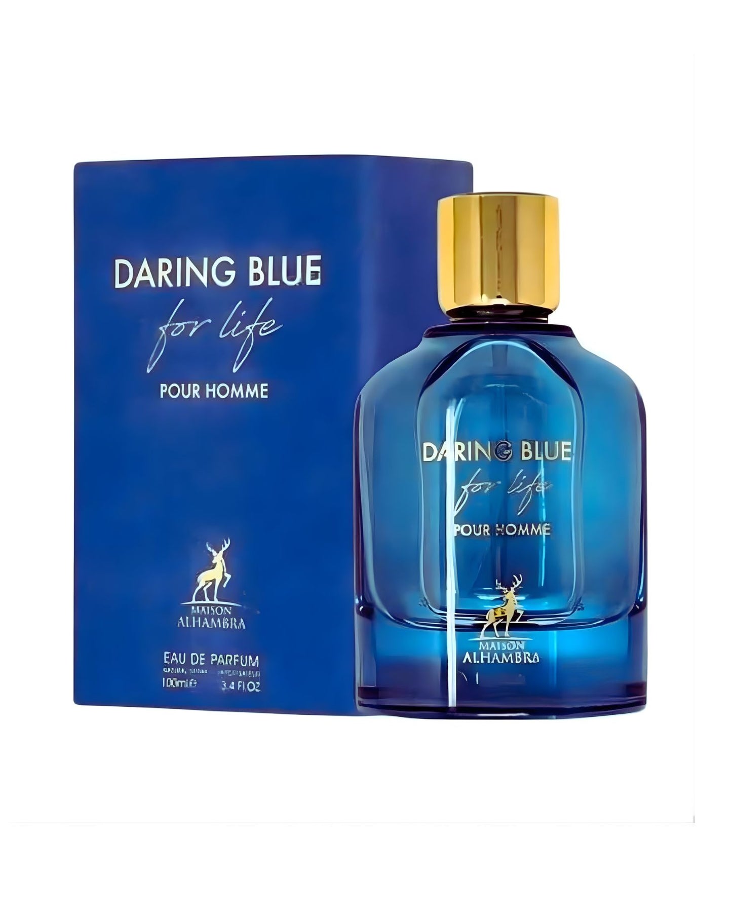 A product shot featuring the Maison Alhambra Daring Blue for life Pour Homme Edp bottle next to its dark blue retail box. The bottle contains blue liquid and has a gold cap, and both the box and bottle feature the title and a gold stag logo.