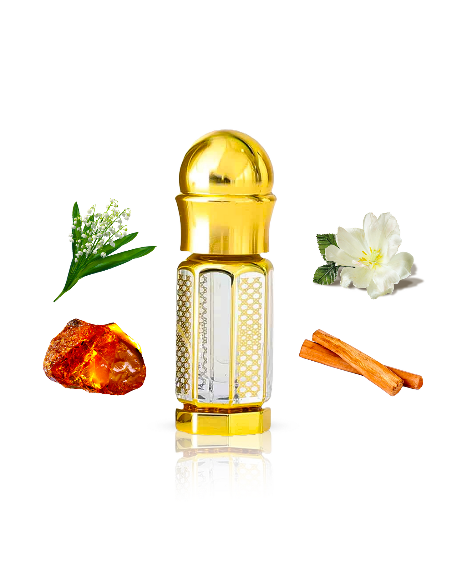 Masakali perfume bottle showcased amidst its captivating ingredients of Lily of the Valley, Amber, and Sandalwood.