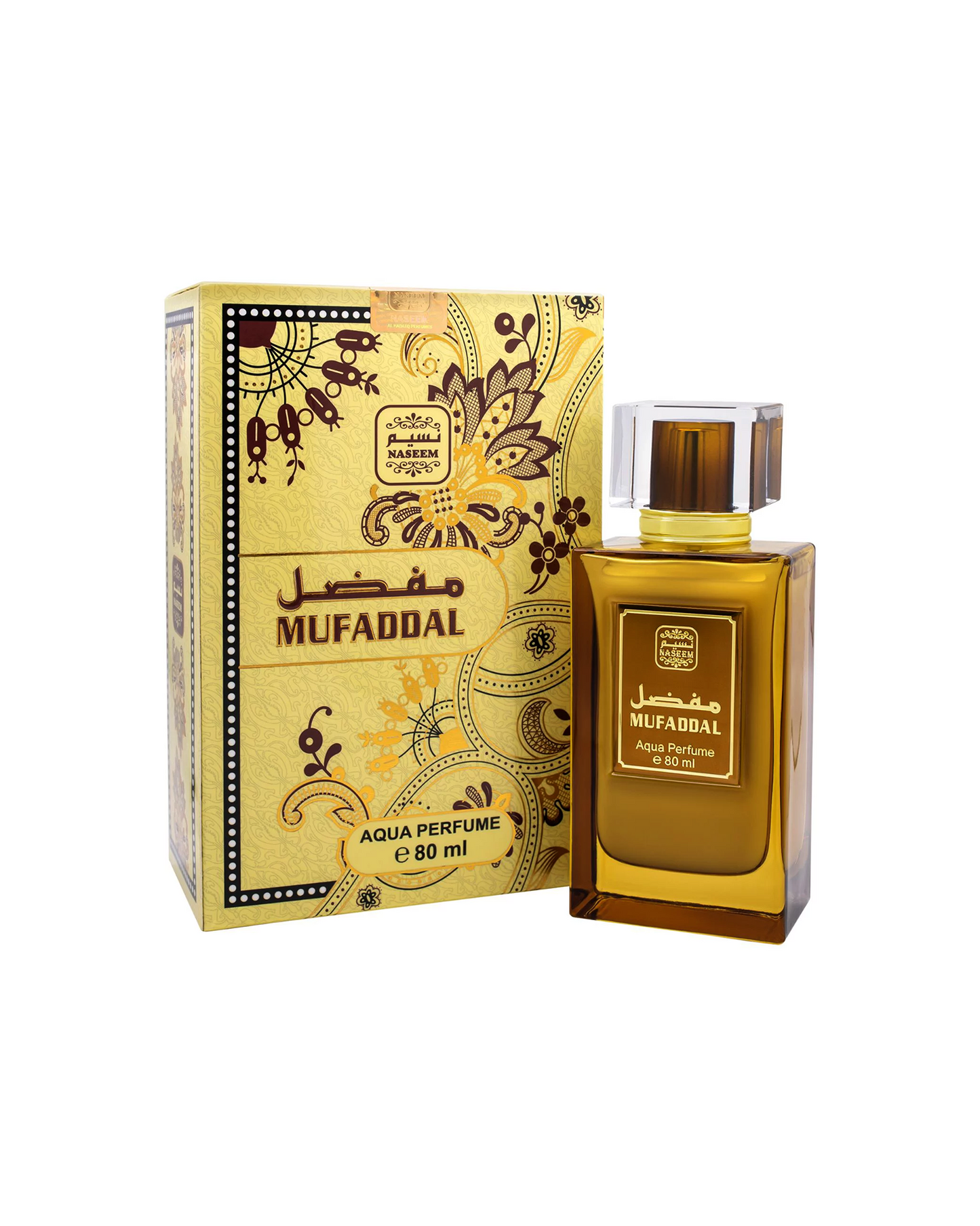 Mufaddal perfume bottle along with its box set against a white background