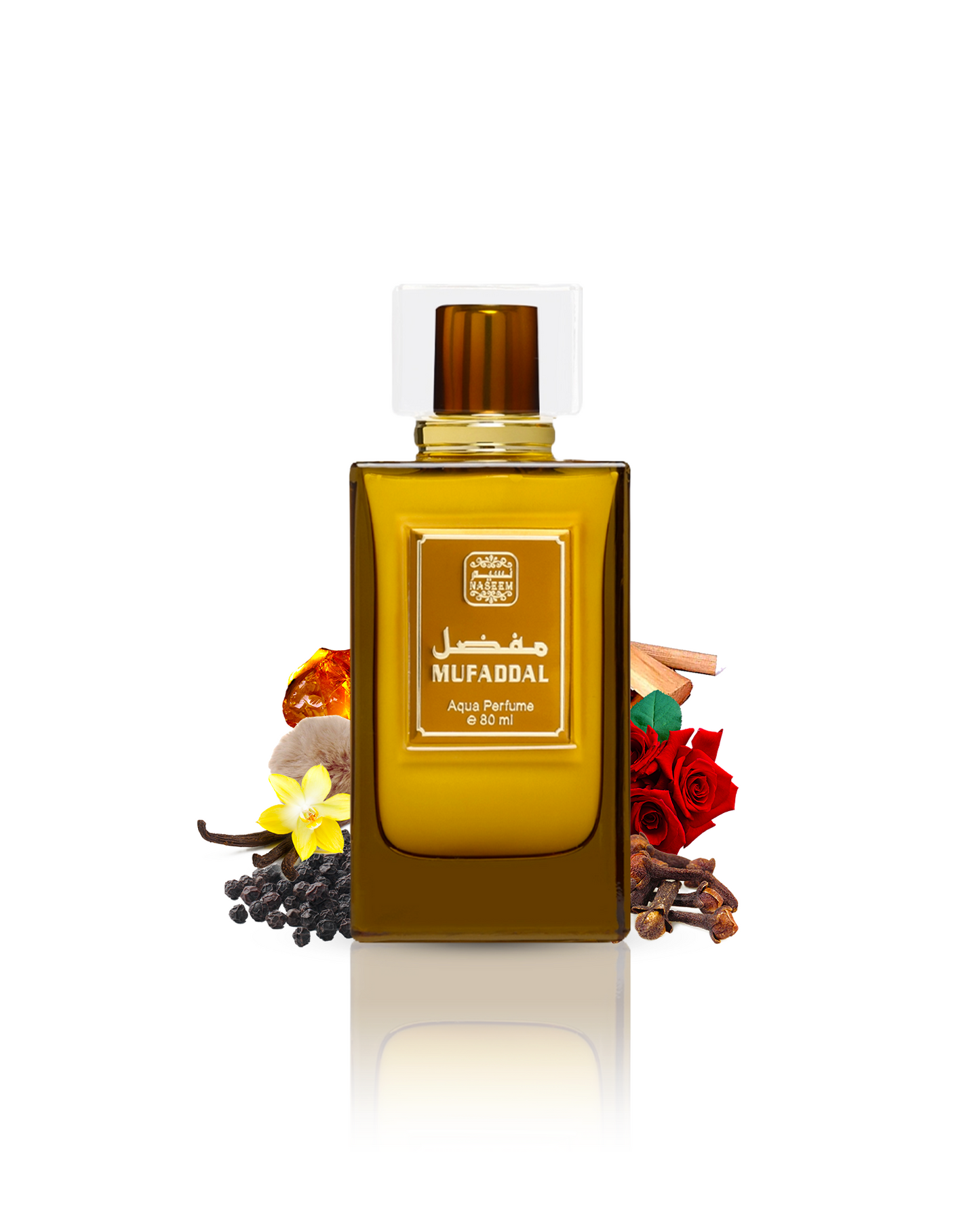 Mufaddal perfume bottle encircled by key notes of amber, vanilla, white musk, and cloves.