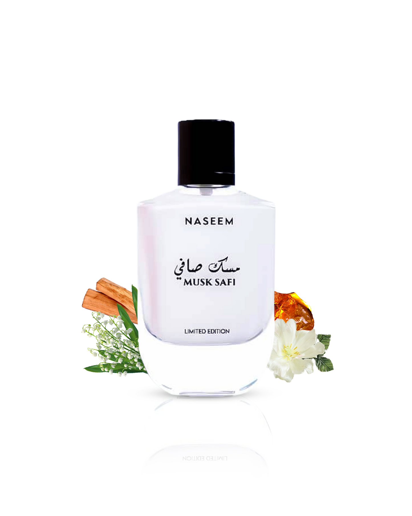 Musk Safi Aqua perfume bottle elegantly displayed, surrounded by the captivating ingredients of Lily of the Valley, Musk, and Amber.