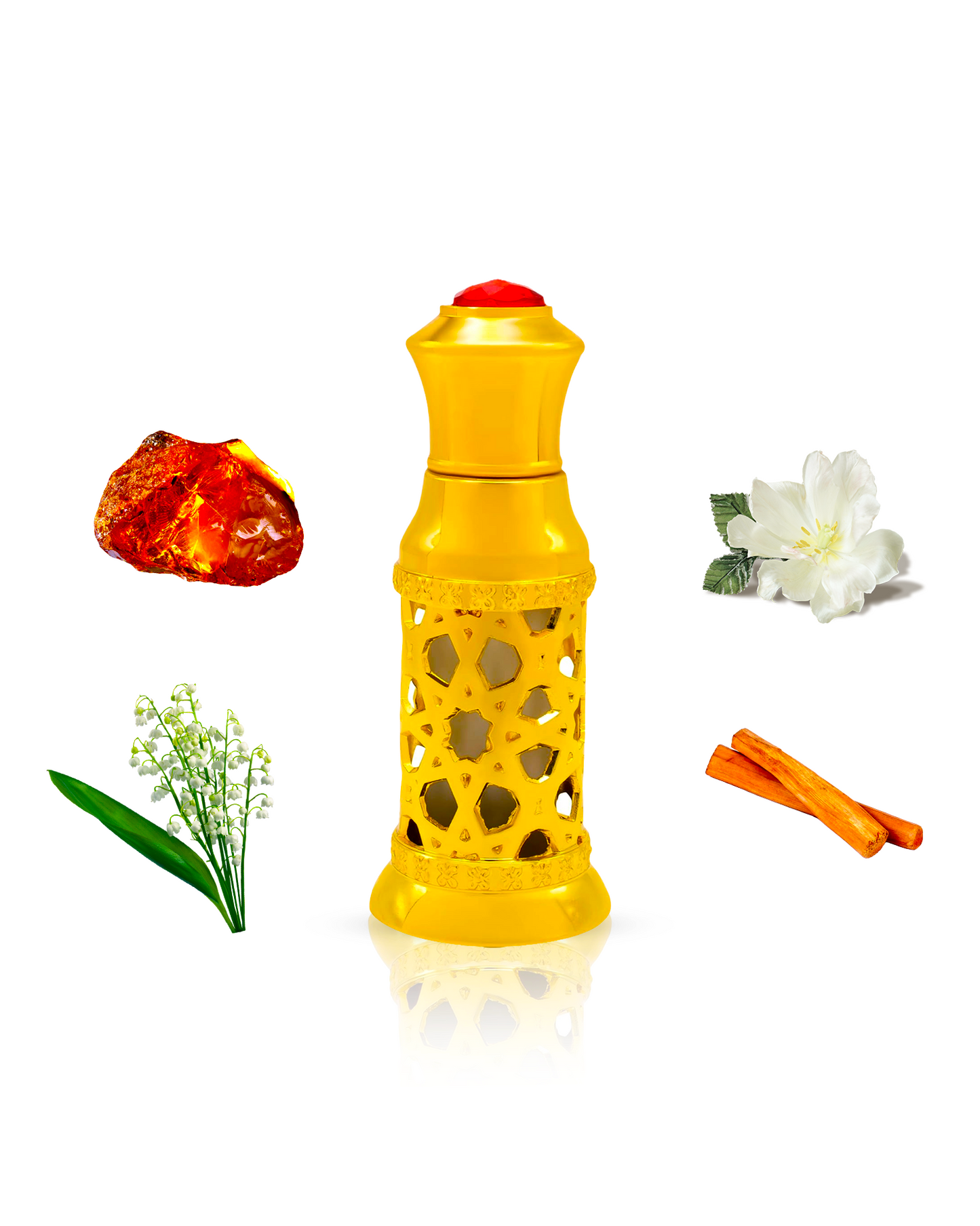 Musk Safi Attar perfume bottle artfully positioned amidst its key ingredients Lily of the Valley, Musk, and Amber.