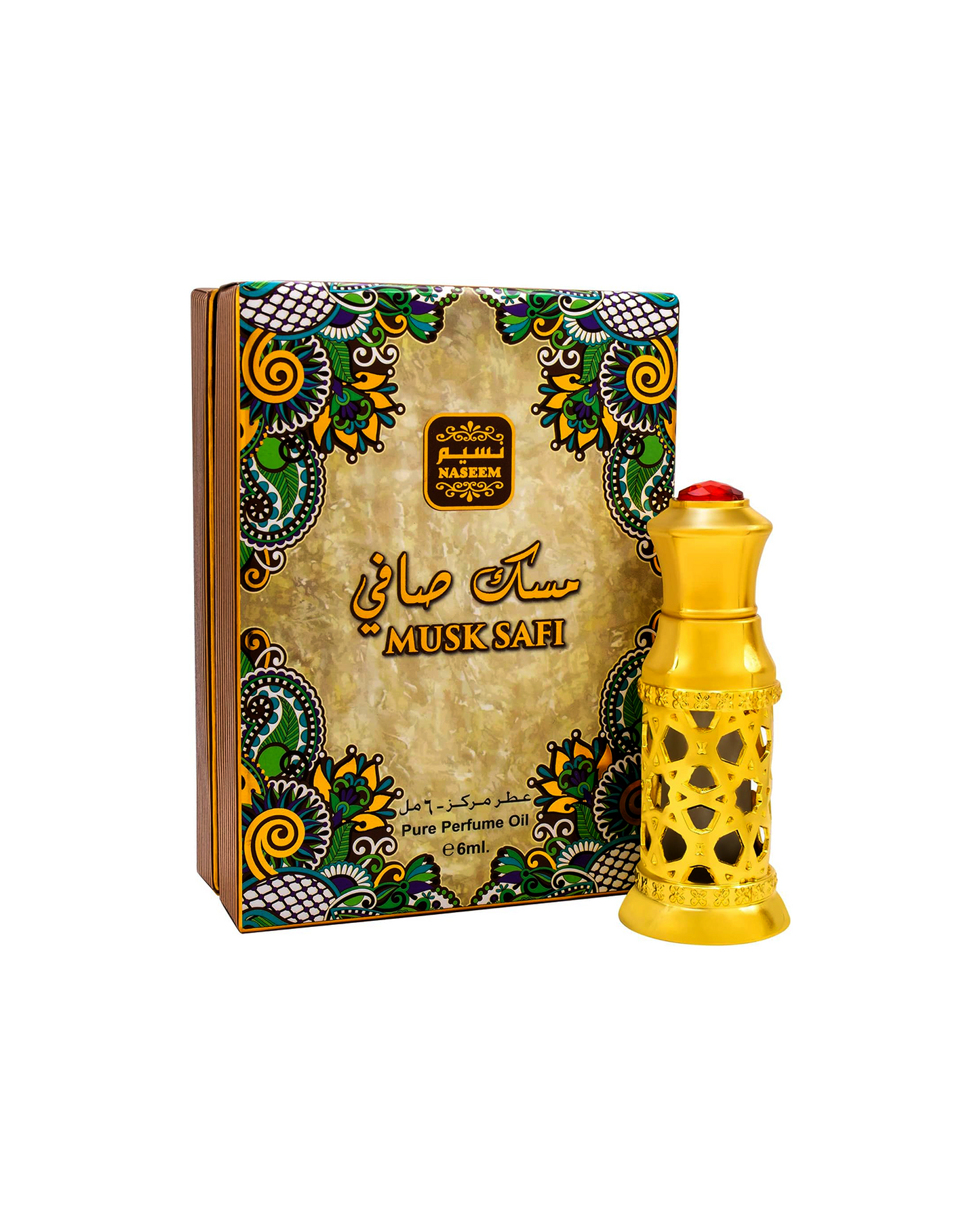 Musk Safi attar perfume bottle and accompanying box displayed against a white background.