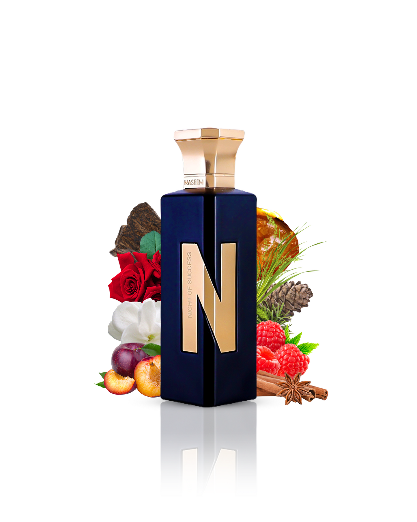Night-of-Success-perfume-bottle-encircled-by-oud_amber_and-avariety-of-flowers.