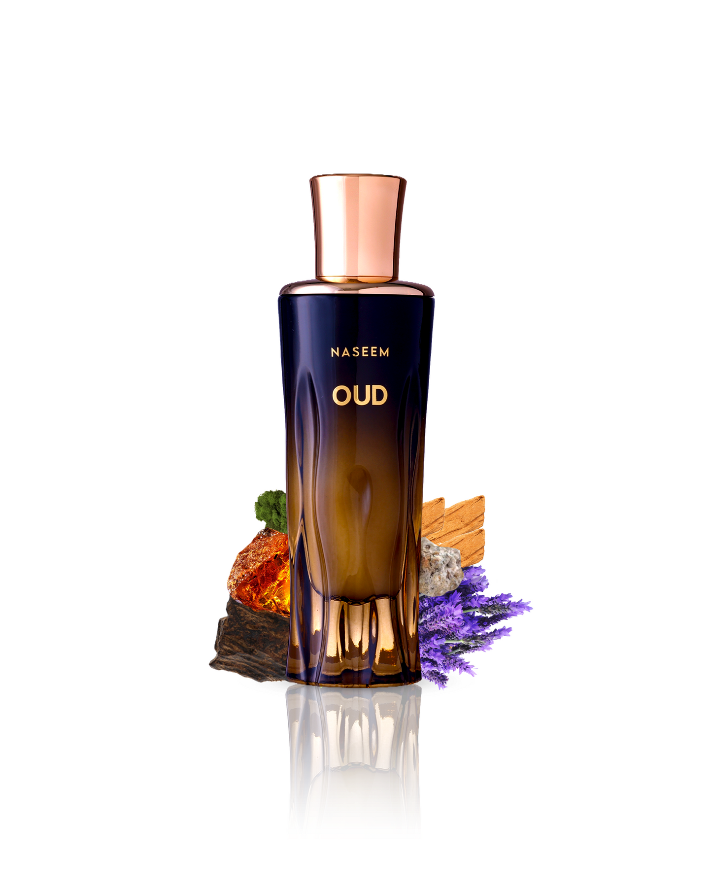 Oud perfume bottle elegantly displayed, enveloped by key ingredients such as Oud, Moss, and Ambergris.