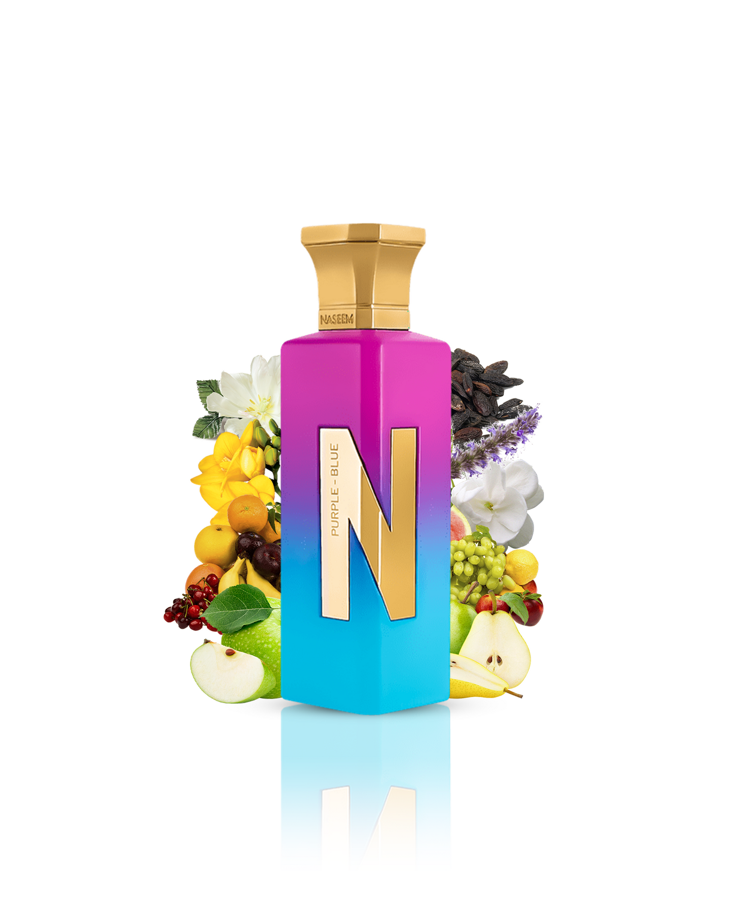 Purple blue perfume bottle encircled by tonka bean, lavender, and an assortment of fruits.