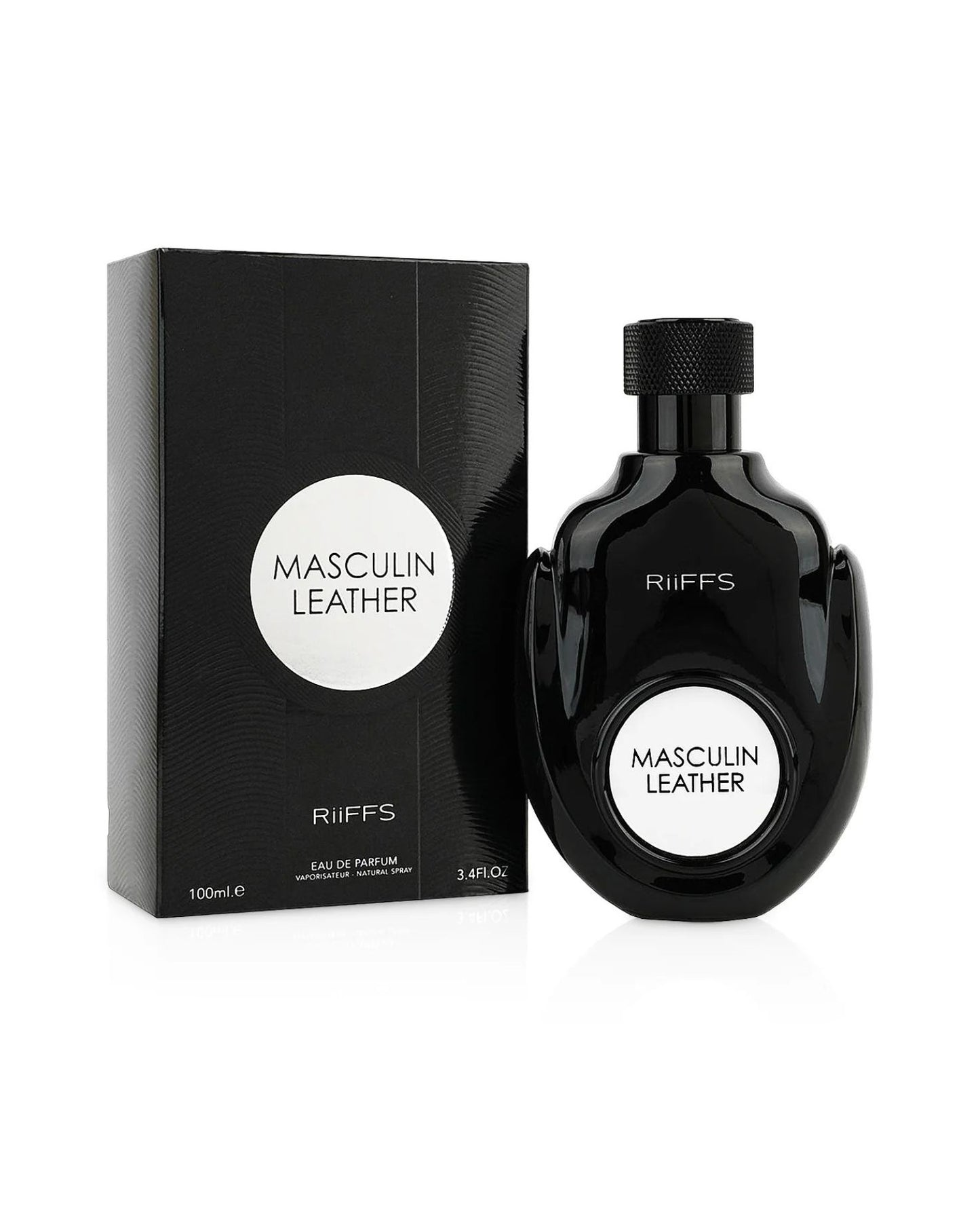 RIFFS Masculin Leather Edp, shown with its black packaging box and matching glossy black bottle. The box is black with a textured, subtle wave pattern and features a white circle with 'MASCULIN LEATHER' printed in black. The bottle has a black, textured cap, and a matching white circular label on the front. '100ml.e' and '3.4 Fl.Oz' are visible on the bottom of the box.