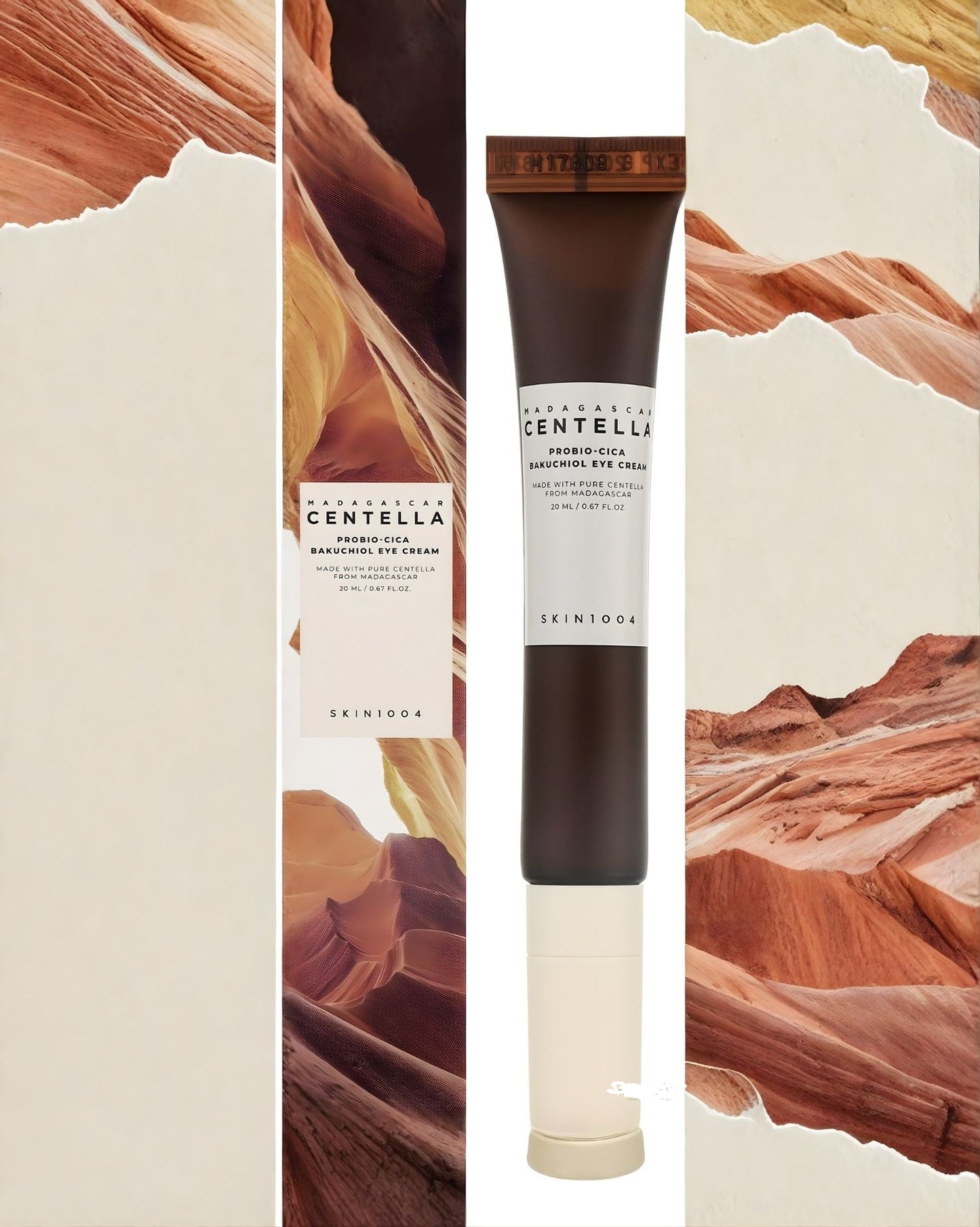 SKIN1004 Madagascar Centella Probio-Cica Bakuchiol Eye Cream in a vertical dark brown tube with a white cap, displayed on a pure white background.