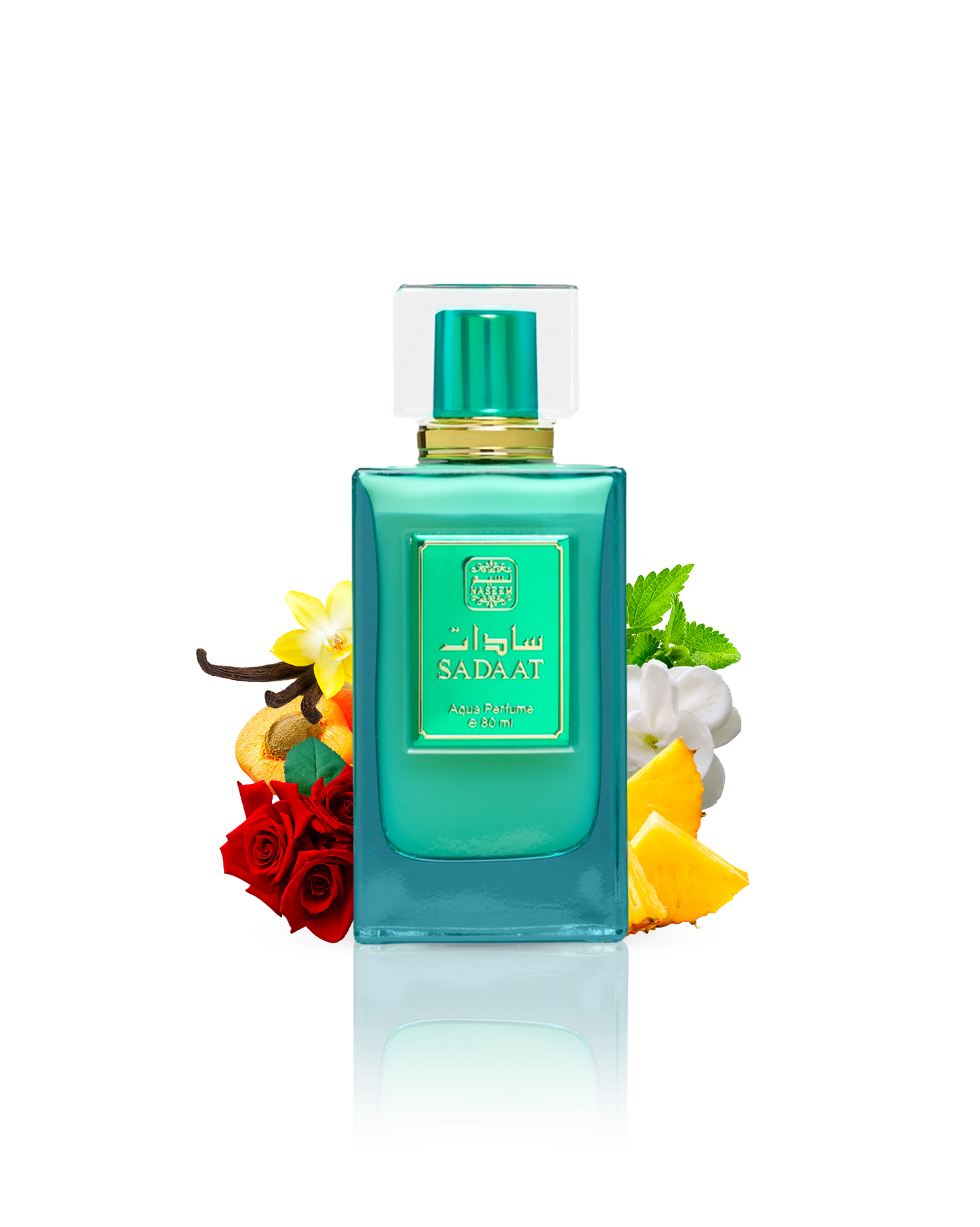 Sadaat perfume bottle artfully encircled by luxurious ingredients like vanilla, pineapple and rose.