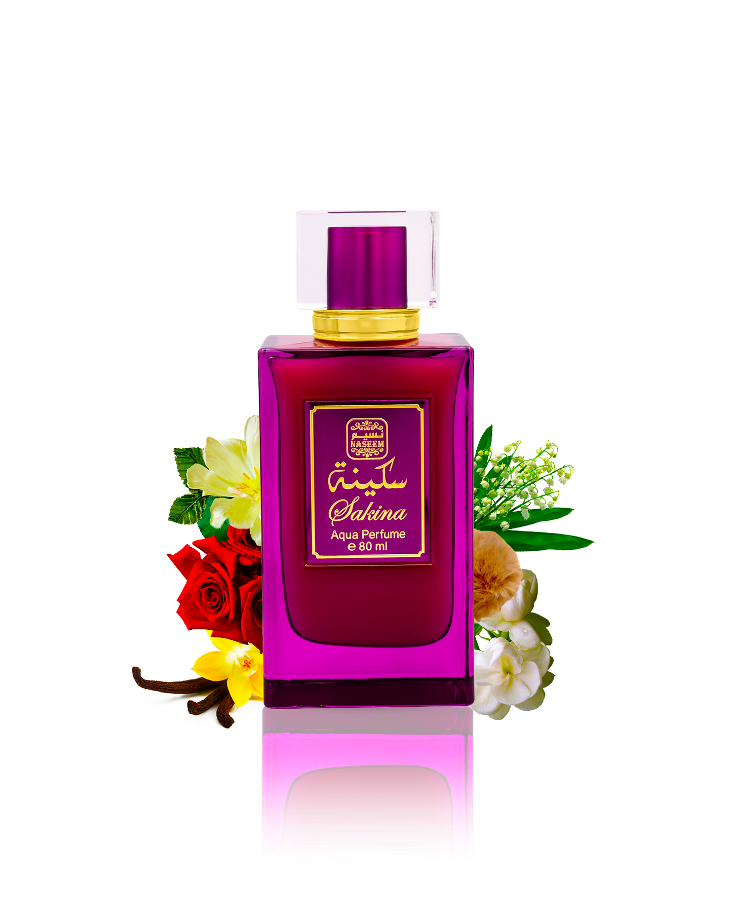 Sakina perfume bottle encircled by White Musk, Vanilla, and a variety of flowers.