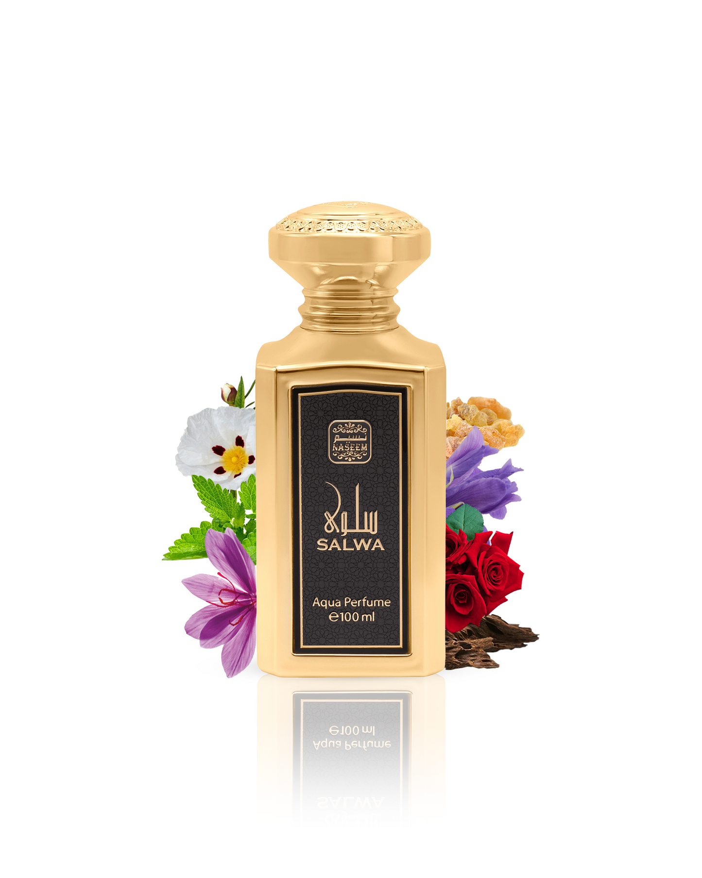 Salwa perfume bottle encircled by saffron, rose, oud, and frankincense.