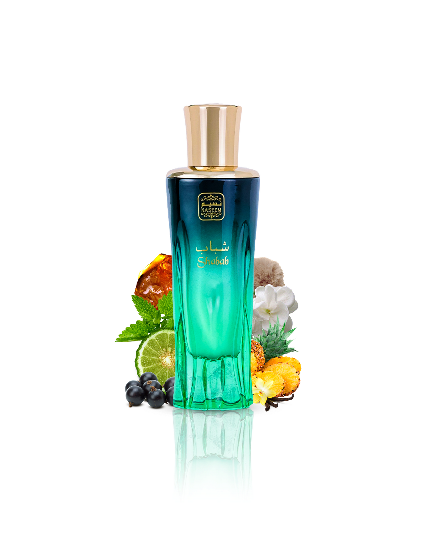 Shabab perfume bottle showcased amidst its signature ingredients of Ambergris, Musk, and Vanilla.