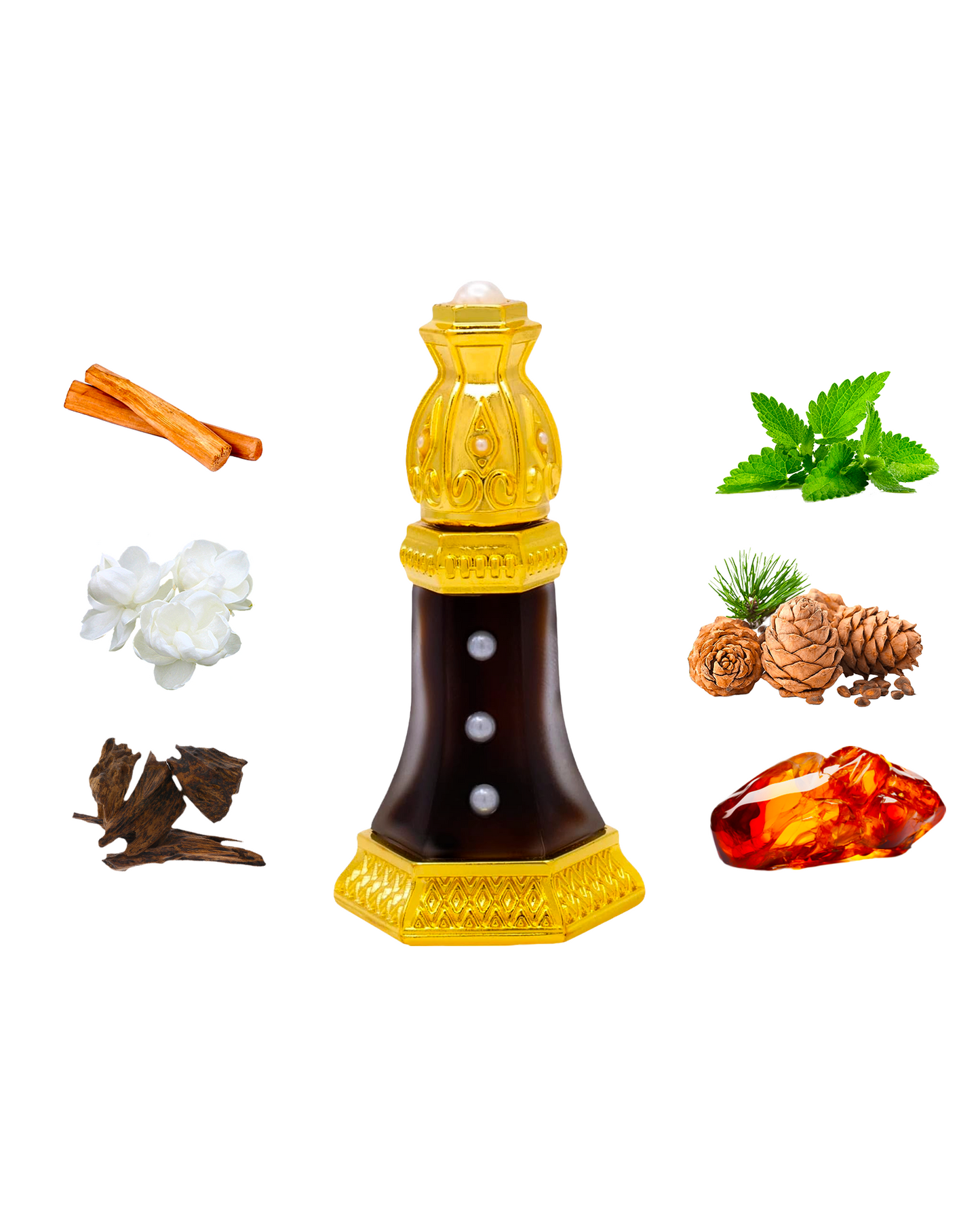 Shiyufi perfume bottle captivatingly set against a backdrop featuring its core ingredients Oud, Sandalwood, and Amber.