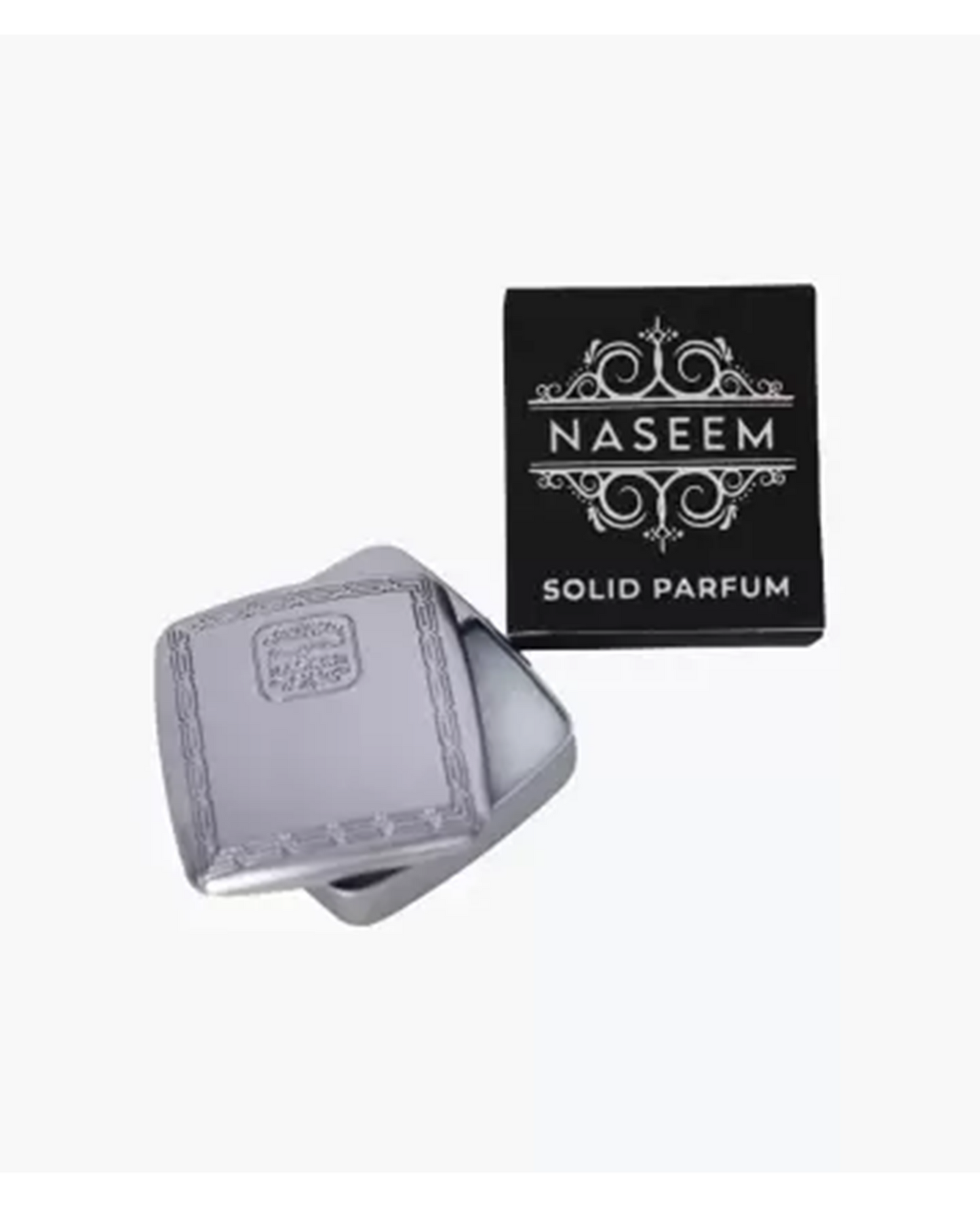 Solid Parfum Silver bottle and accompanying box displayed against a white background.