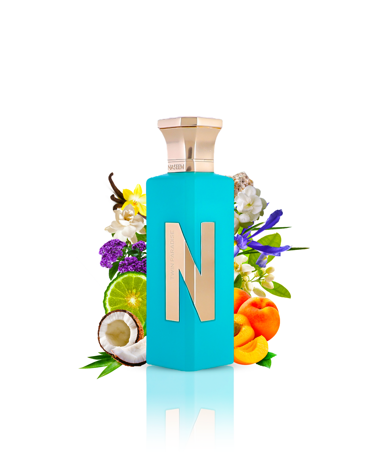 TWIN PARADISE perfume bottle encircled by ambergris, an array of fruits, and flowers.