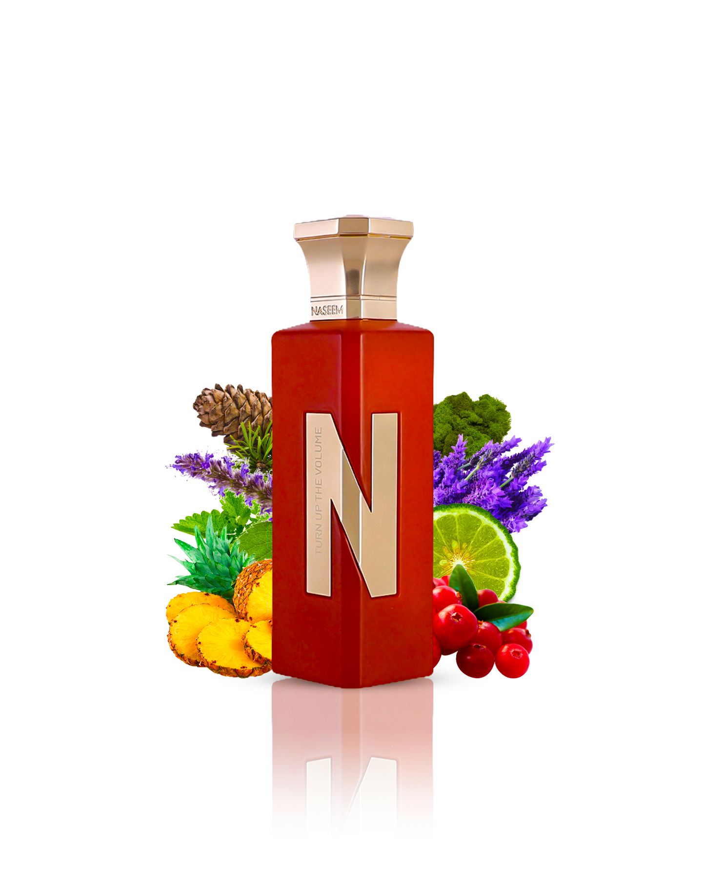 Turn Up The Volume perfume bottle encircled by lavender, pineapple, and cedar.