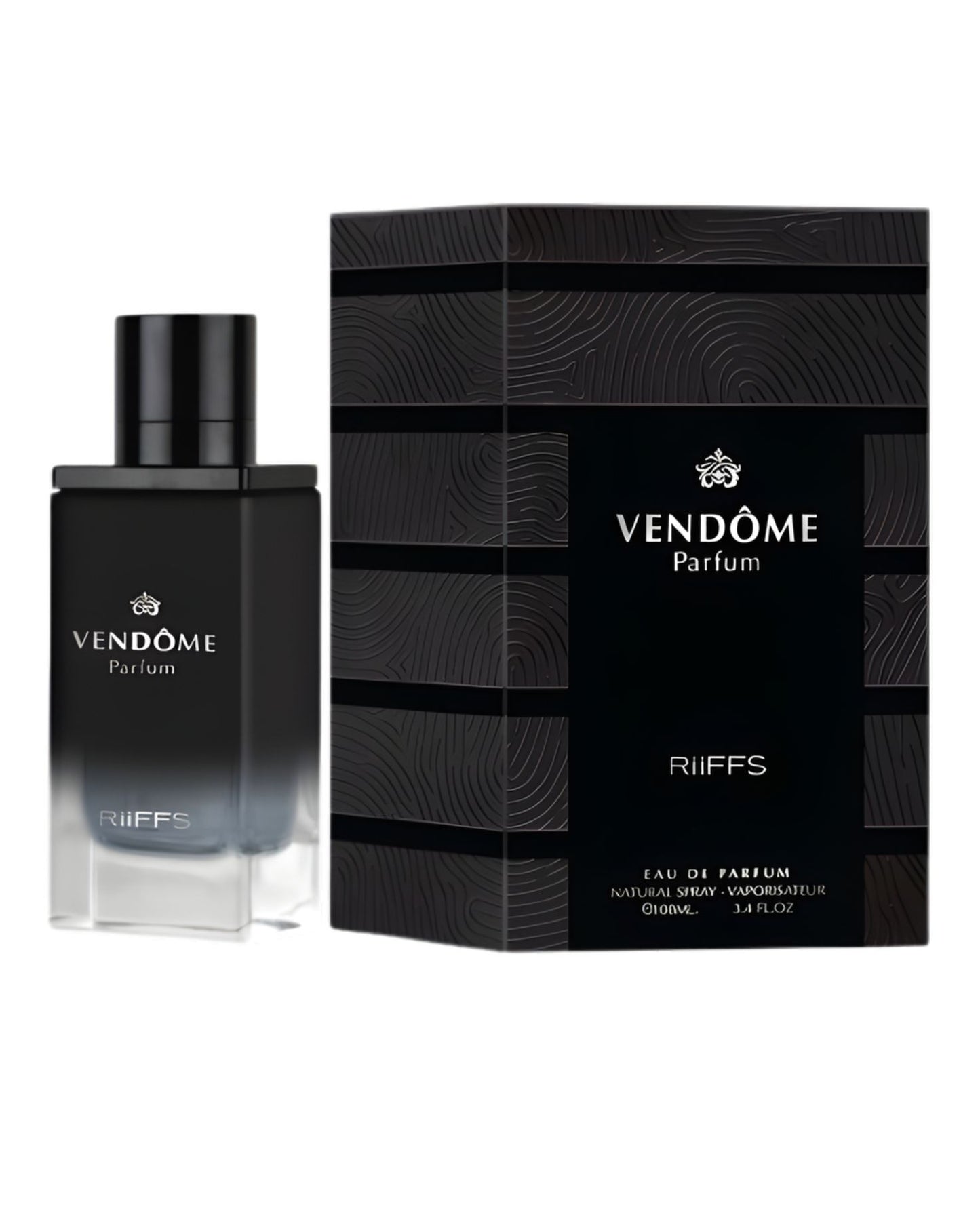 Riiffs Vendôme Eau De Parfum bottle next to its black, textured retail box.