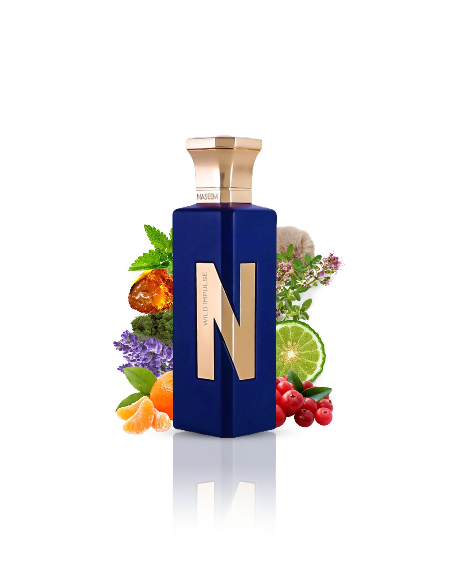 Wild Impulse perfume bottle enveloped by amber and a diverse array of flowers.