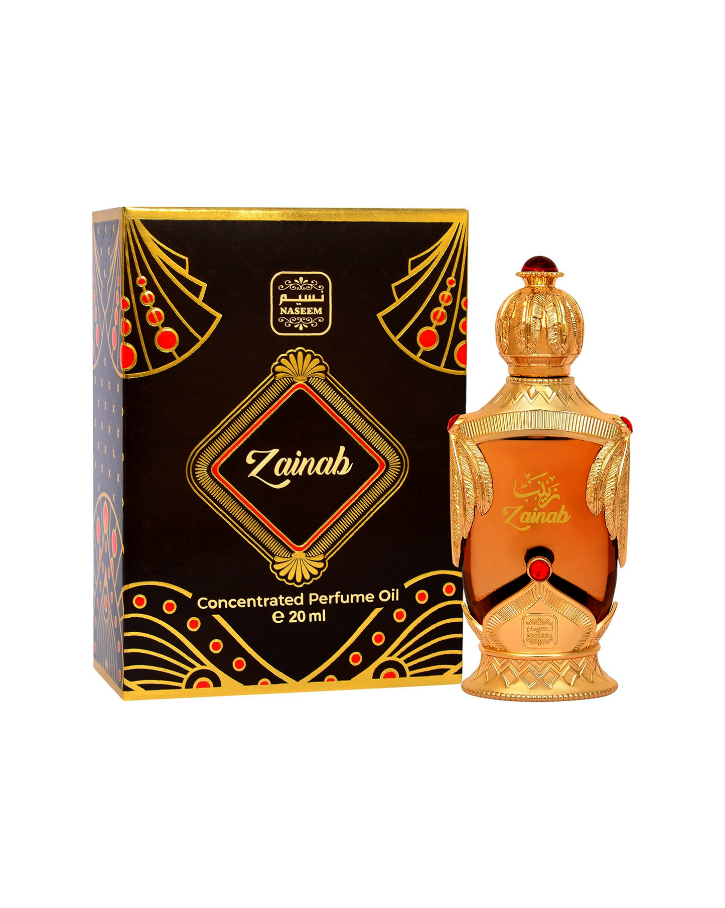 Zainab attar perfume bottle and accompanying box displayed against a white background.