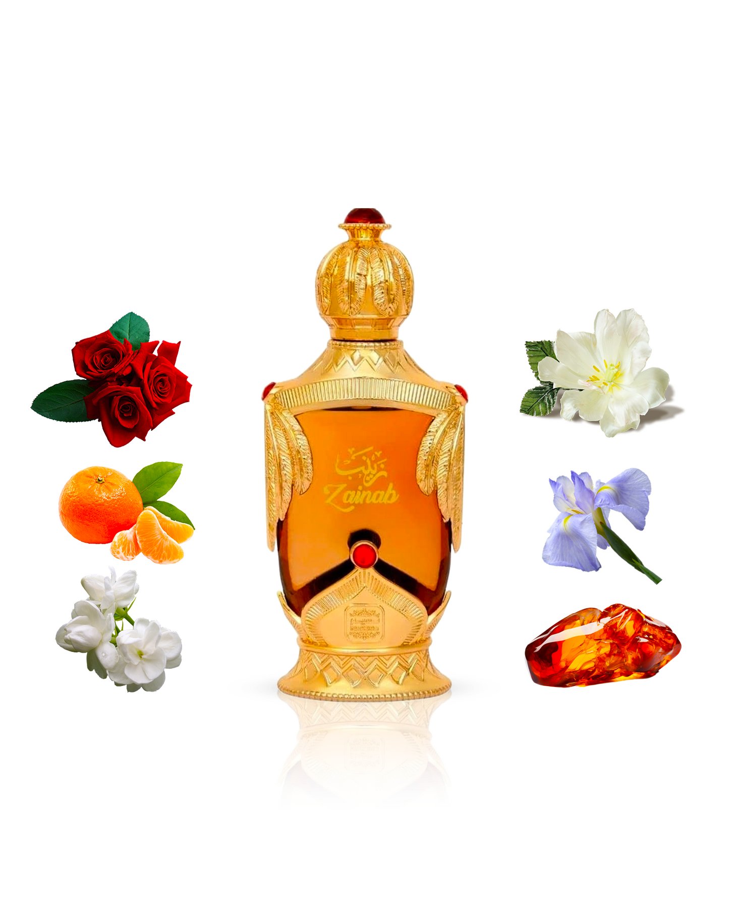 Zainab perfume bottle elegantly displayed amidst a vibrant medley of its primary ingredients Orange, Mandarin, Jacinthes, Rose, Jasmine, and Iris.