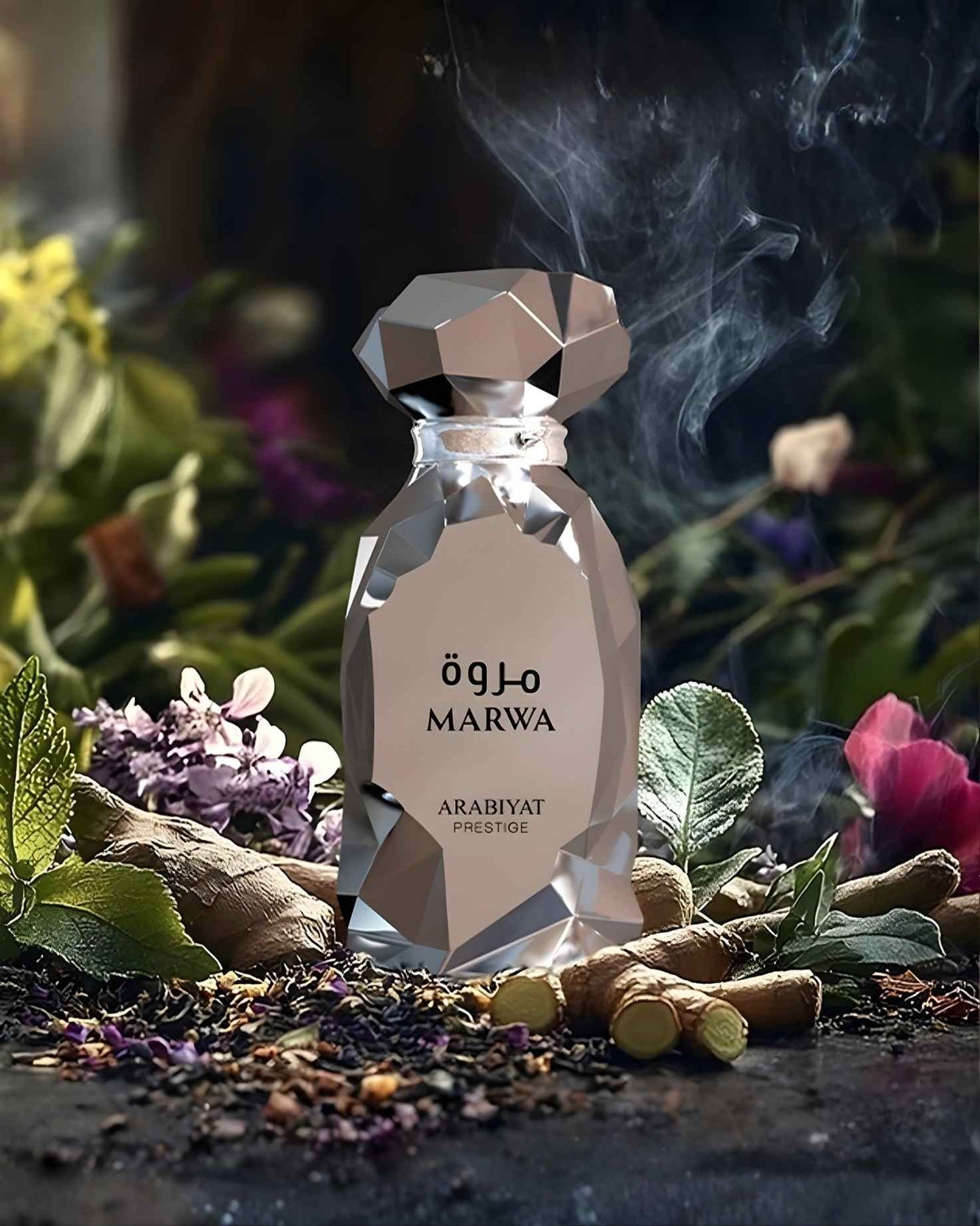 A faceted silver bottle of Arabiyat Prestige Marwa perfume displayed among fresh ginger roots, purple flowers, and loose spices with whiffs of aromatic smoke in a lush, natural setting.