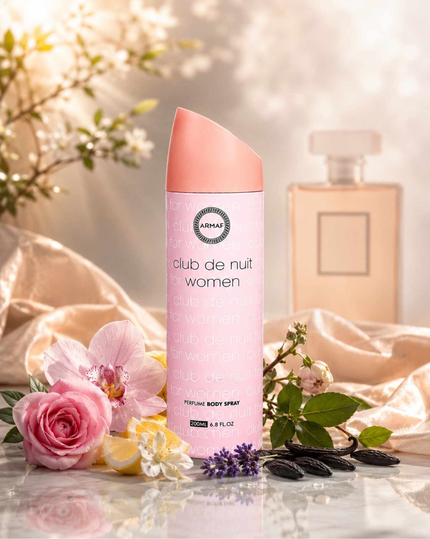 Armaf Club De Nuit For Women Perfume Body Spray 200ml surrounded by floral, citrus, and vanilla fragrance notes