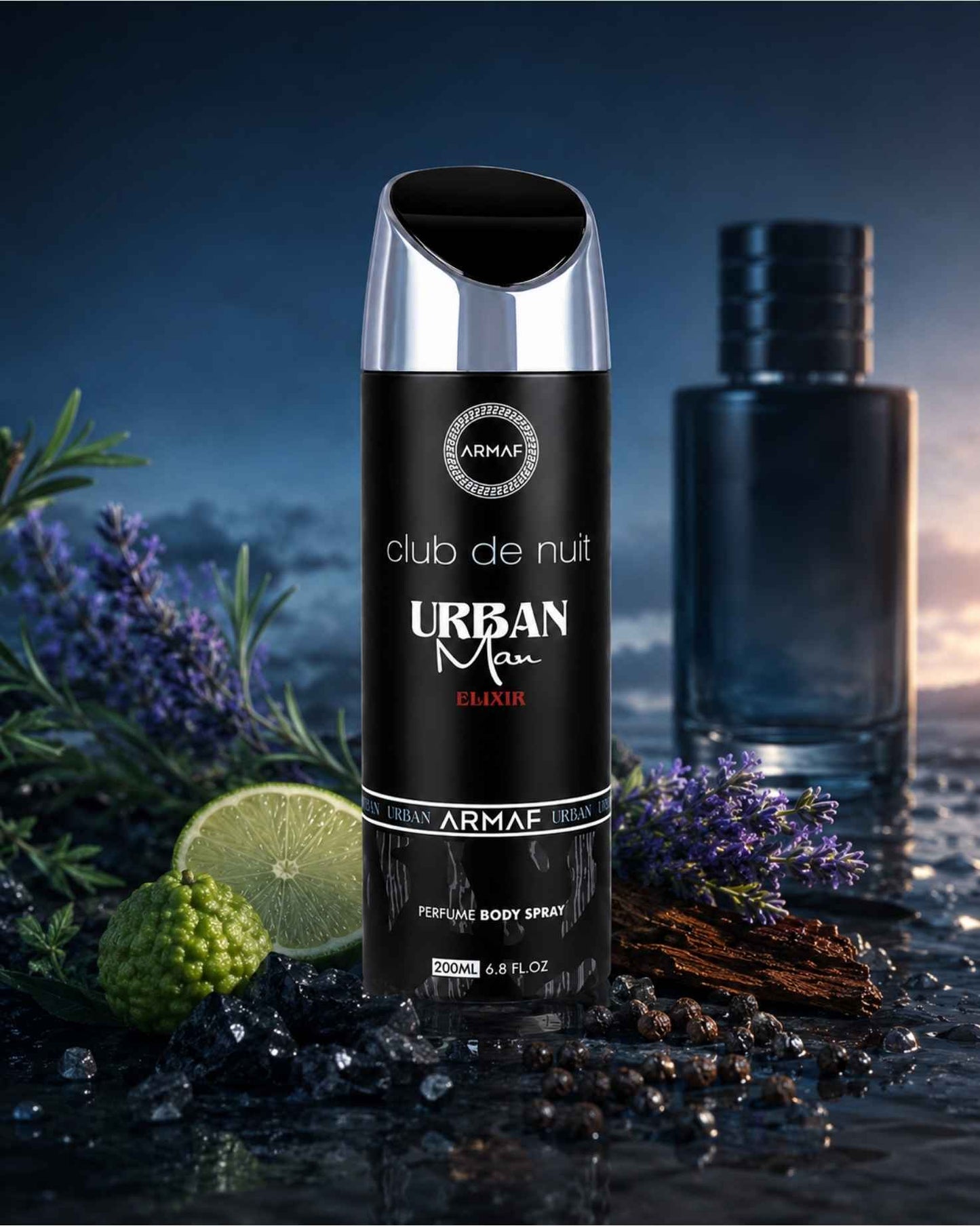 Armaf Club De Nuit Urban Man Elixir Perfume Body Spray 200ml with bergamot, lime, and lavender fragrance notes
