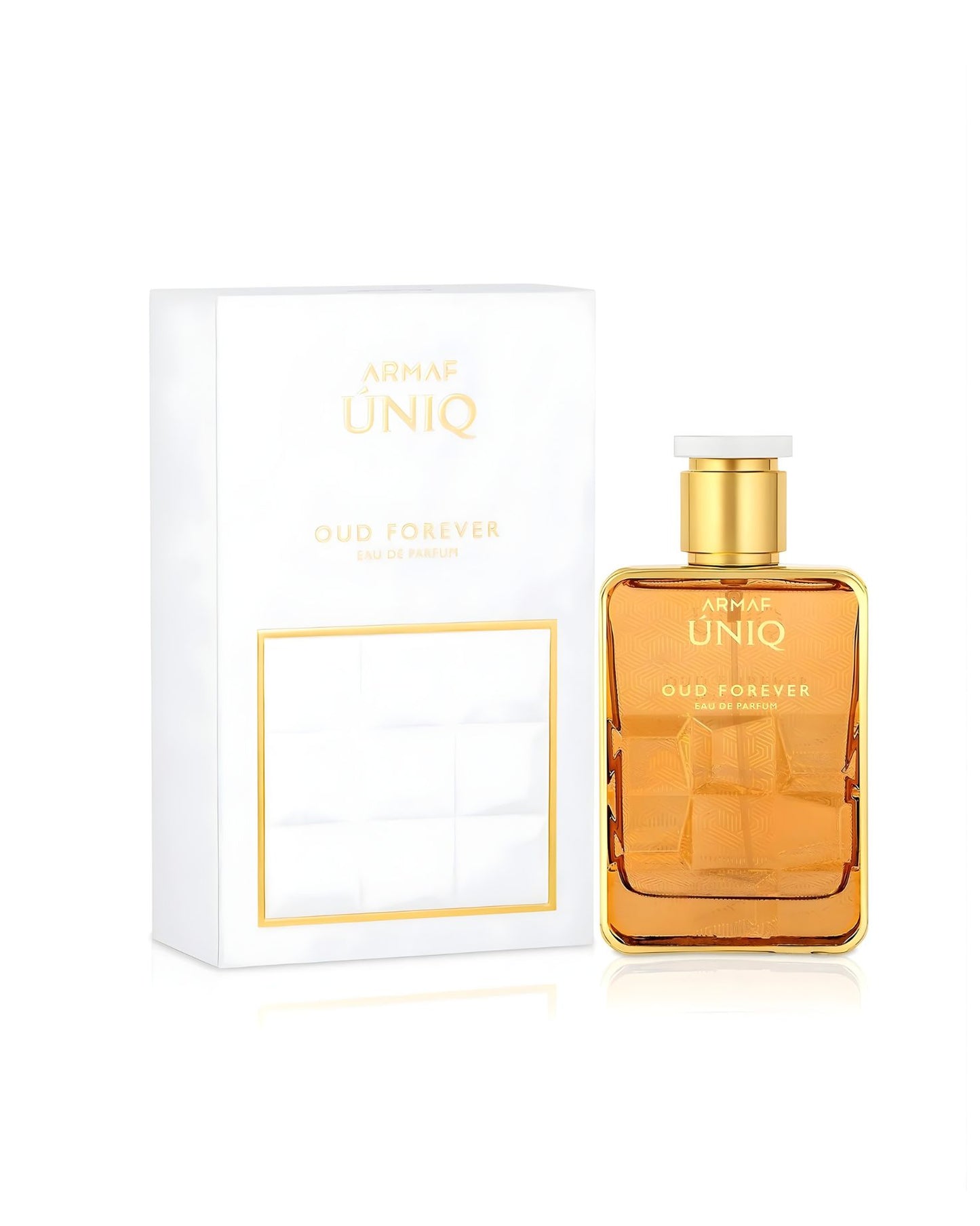 The Armaf Uniq Oud Forever Eau de Parfum set, featuring the gold, textured rectangular bottle next to its clean white box, which has gold text and a square cutout on the front.