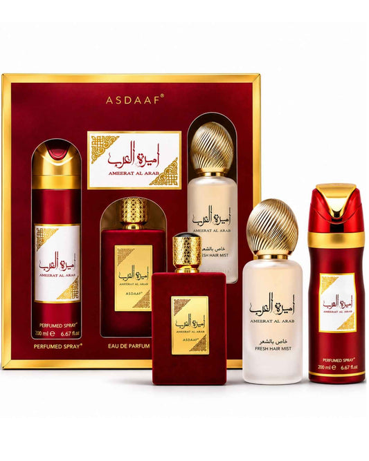 Asdaaf Ameerat Al Arab fragrance gift set with the Eau de Parfum, fresh hair mist, and body spray displayed both inside and outside the red presentation box.