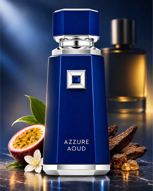 French avenue Azzure Aoud Eau de Parfum bottle displayed on a dark surface alongside a sliced passion fruit, white flower, agarwood chips, and amber resin.