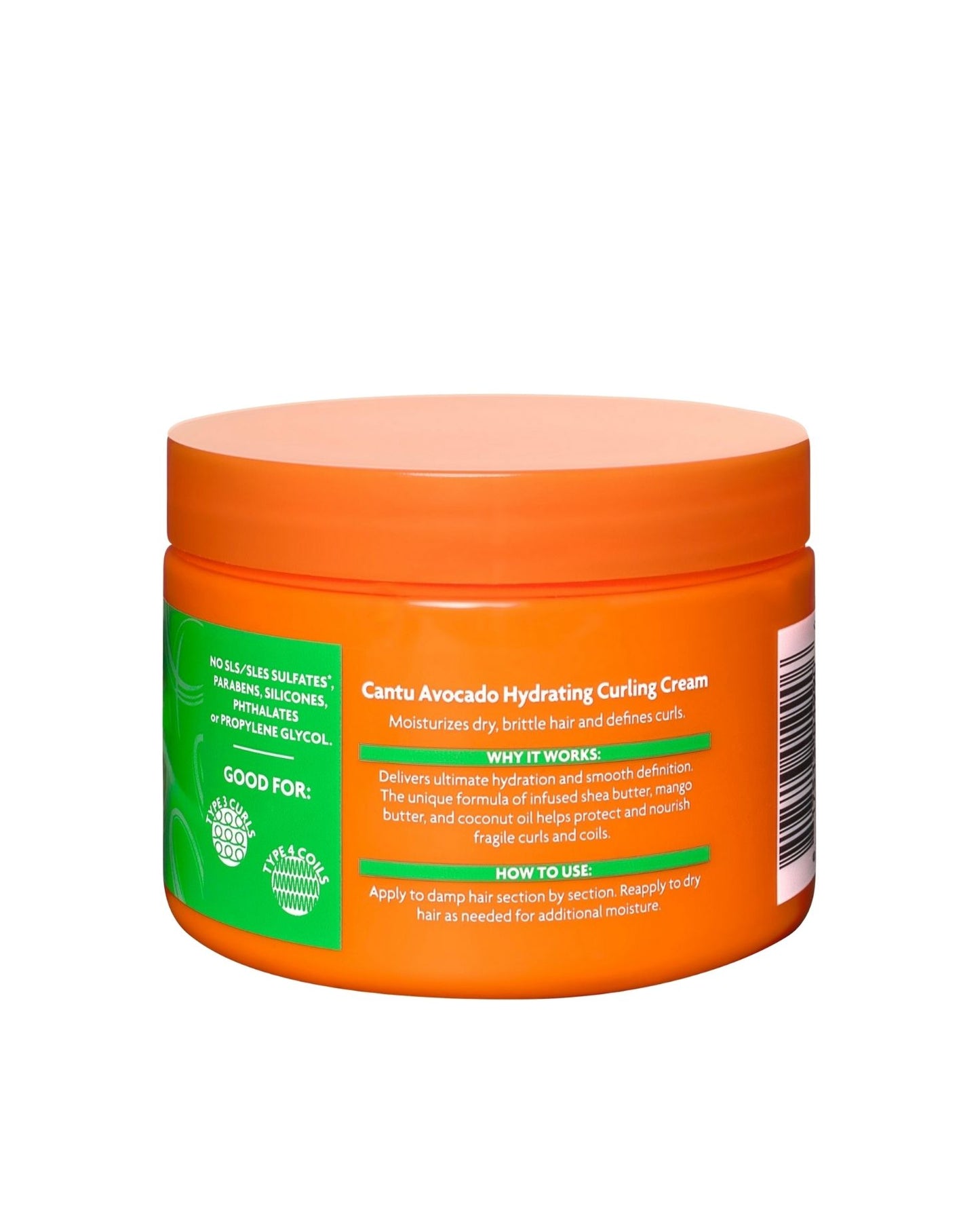 Back view of Cantu Avocado Hydrating Curling Cream jar showing ingredients like shea butter, mango butter, and coconut oil. Label highlights its sulfate-free formula designed for Type 3 curls and Type 4 coils.